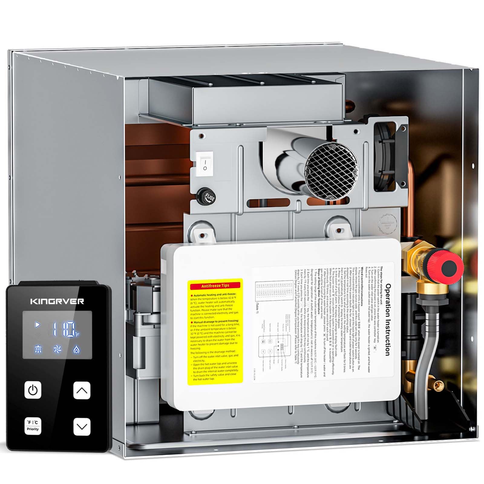 RV Tankless Water Heater without Door, KINGRVER, Propane Gas, DC 12V, 3 Optional Door Sizes 15"x15", 15"x18" and 18"x18" for Refitment, Compatible with All RVs, Sufficient Power, High Altitude