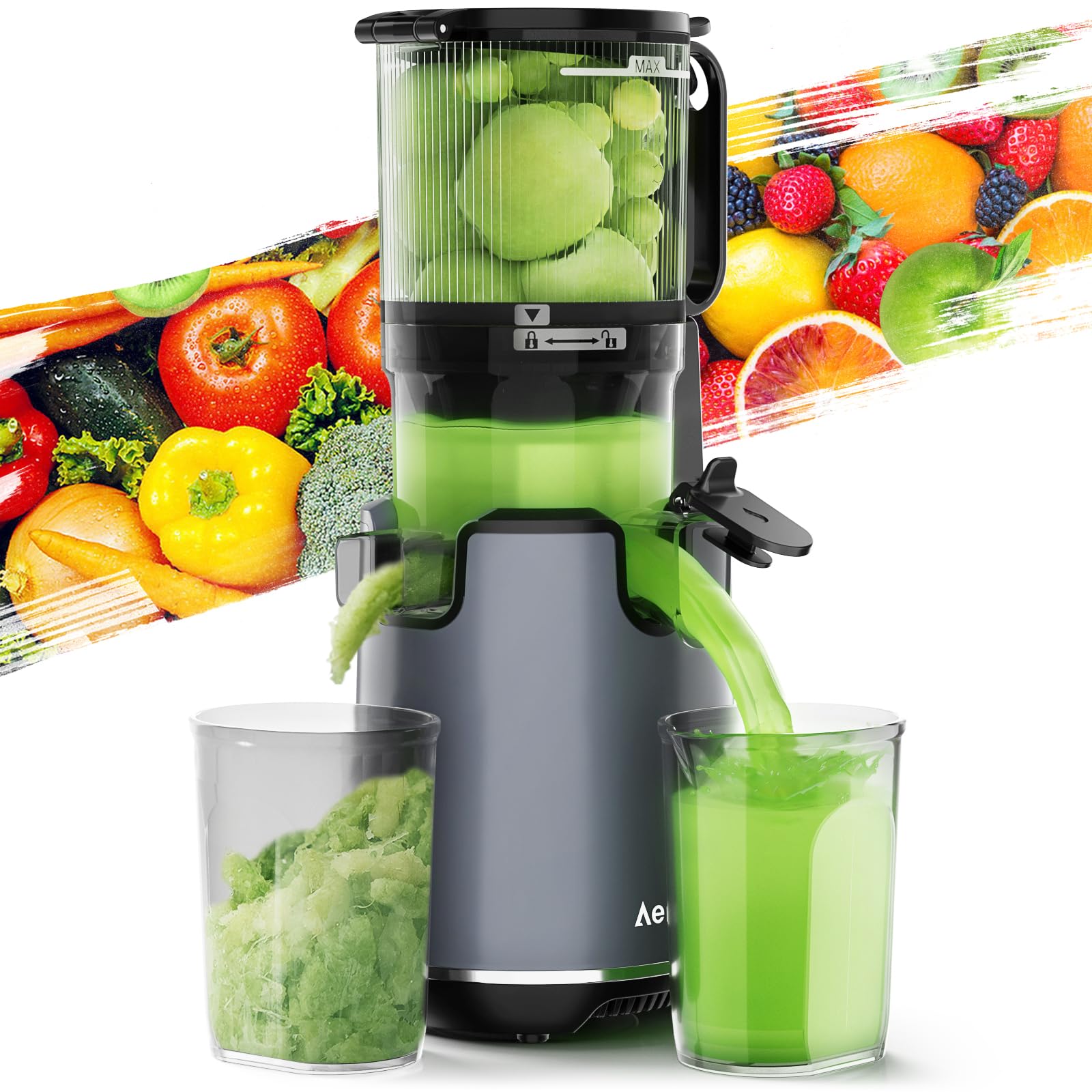 Aeitto Juicer Machines, Cold Press Juicer, 5.3“ Large Feed Chute for Whole Fruits & Vegetables, Slow Masticating Juicer Easy to Clean, High Juice Yield, Grey