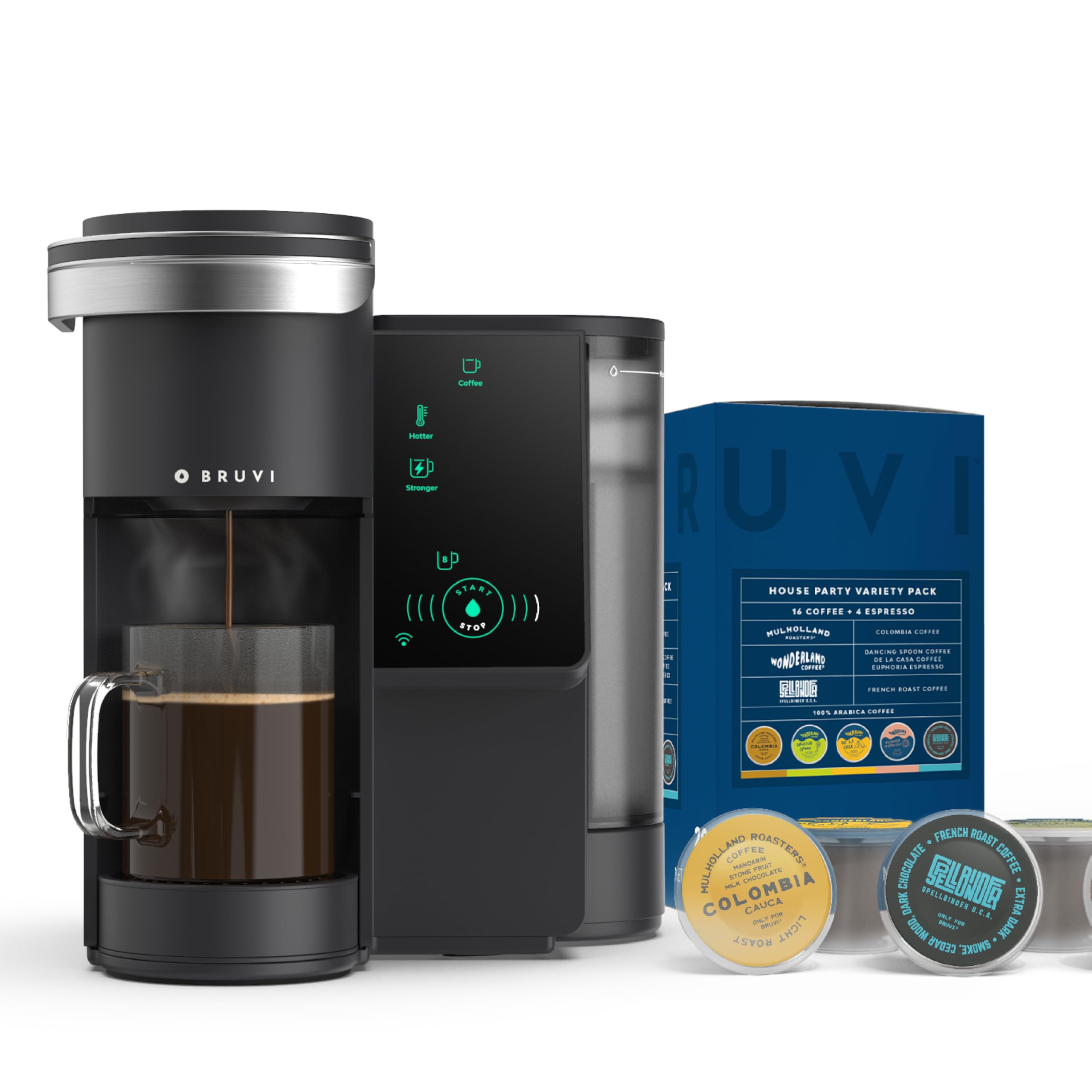 BRUVI The Bundle | Single-Serve Coffee System | Includes 20 Coffee and Espresso B-Pods Coffee Brewer