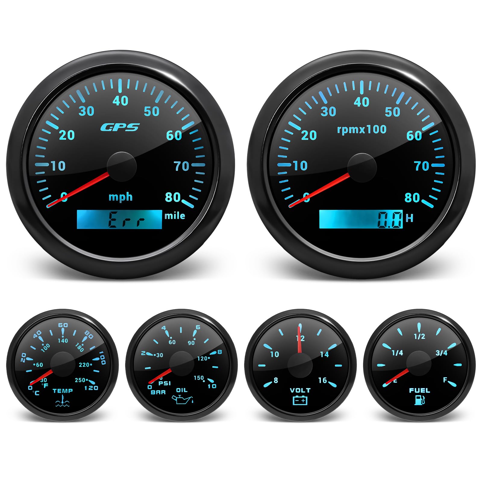 ARTILAURA 6 Gauge Set-GPS Speedometer, Tachometer, Fuel Gauge, Water Temperature Gauge, Oil Pressure Gauge, Voltage 7 Color Backlight Boat Gauges Set Marine Car (All Black)