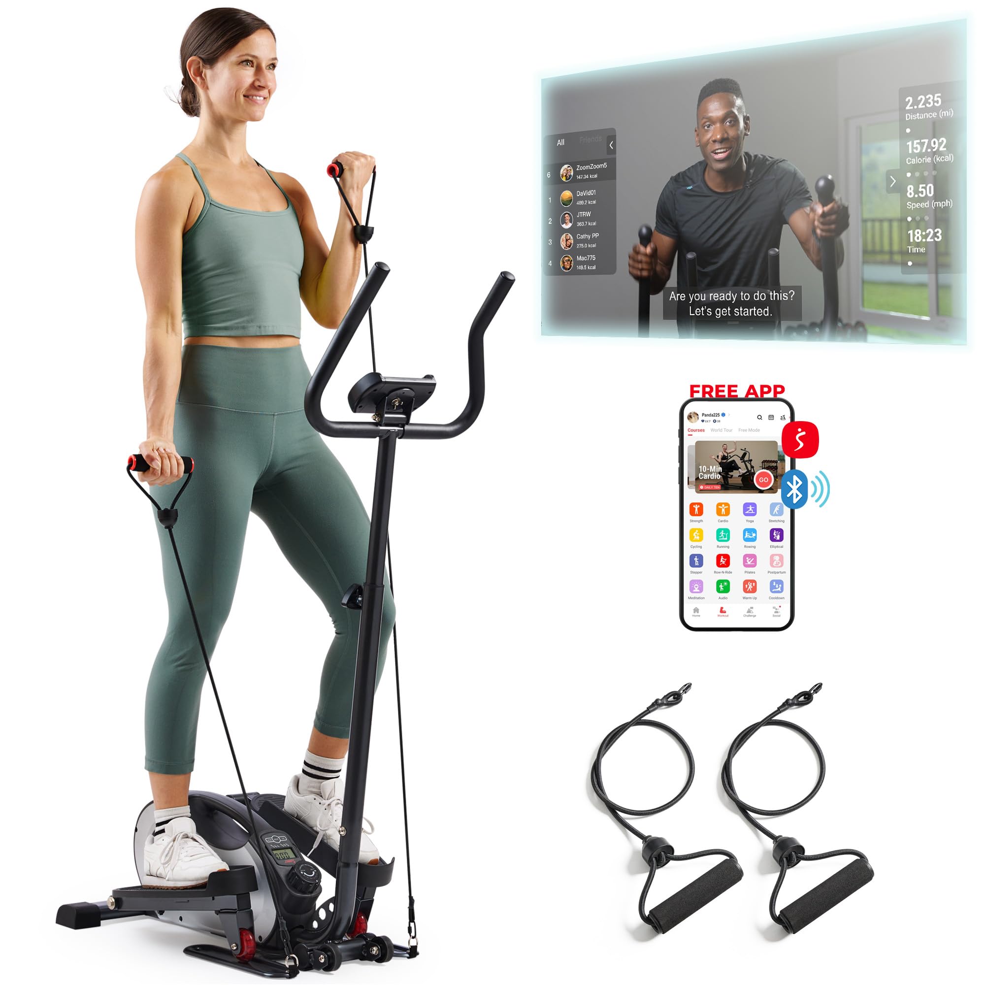 Sunny Health & Fitness Smart Compact Elliptical Cross Trainer with Handlebar and Exercise Bands, Magnetic Resistance, Senior Home Workout Machine, Free SunnyFit App Bluetooth Connectivity - SF-E323057