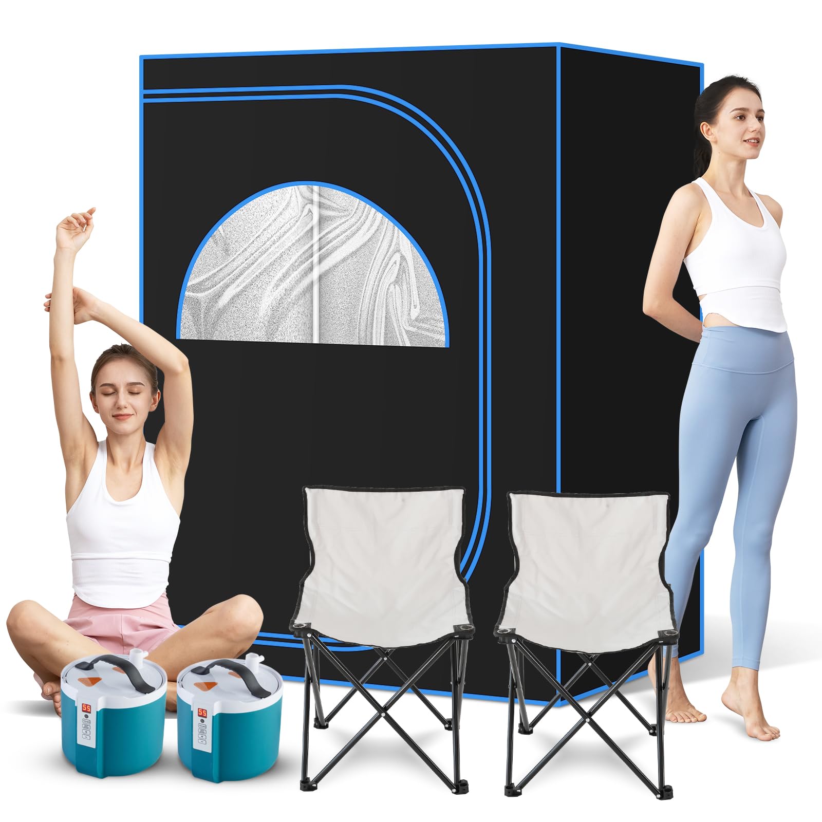 amocane Oversize Portable Steam Sauna, 2-Person Full Body Saunas for Home Spa, Large Space Indoor Sauna Tent for Relaxation with 1000W Steam Generator & Foldable Chair & Remote Control (Black)