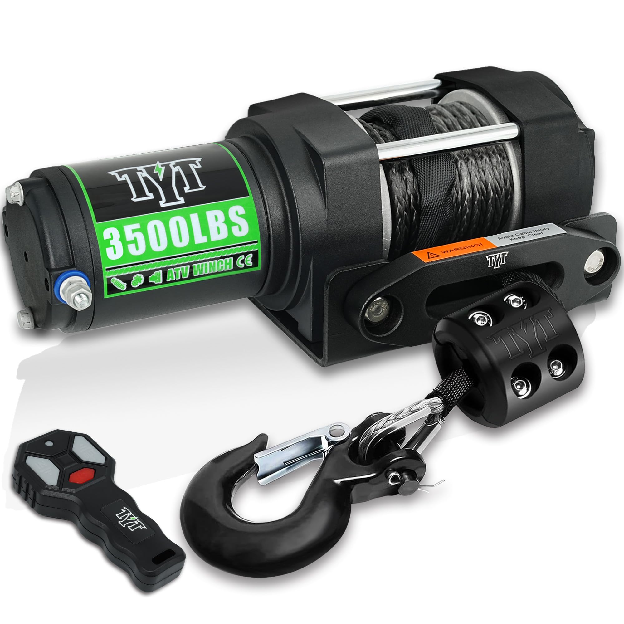 TYT 3500 lb ATV Winch, 12V DC Electric Winch with Wireless Remote and Wired Switch, 7/32"x 30FT Synthetic Winch Rope with Fairlead and Winch Mounting Plate
