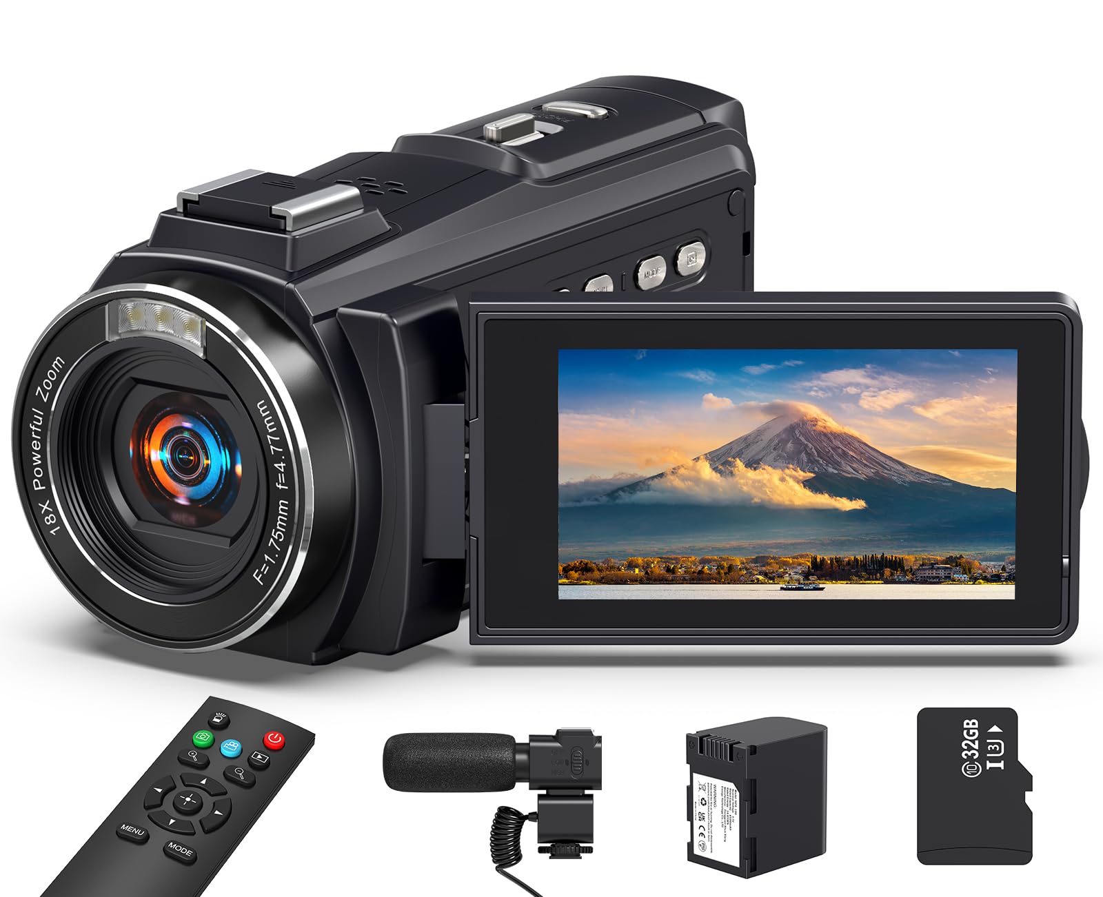 8K Video Camera 64MP Camcorder, 18X Digital Zoom with IR Night Version Vlogging Camera for Youtube, 3.0" IPS Touch Screen with one 4500mAh Battery, 32GB TF Card, Remote Control, Mic, and Adapter