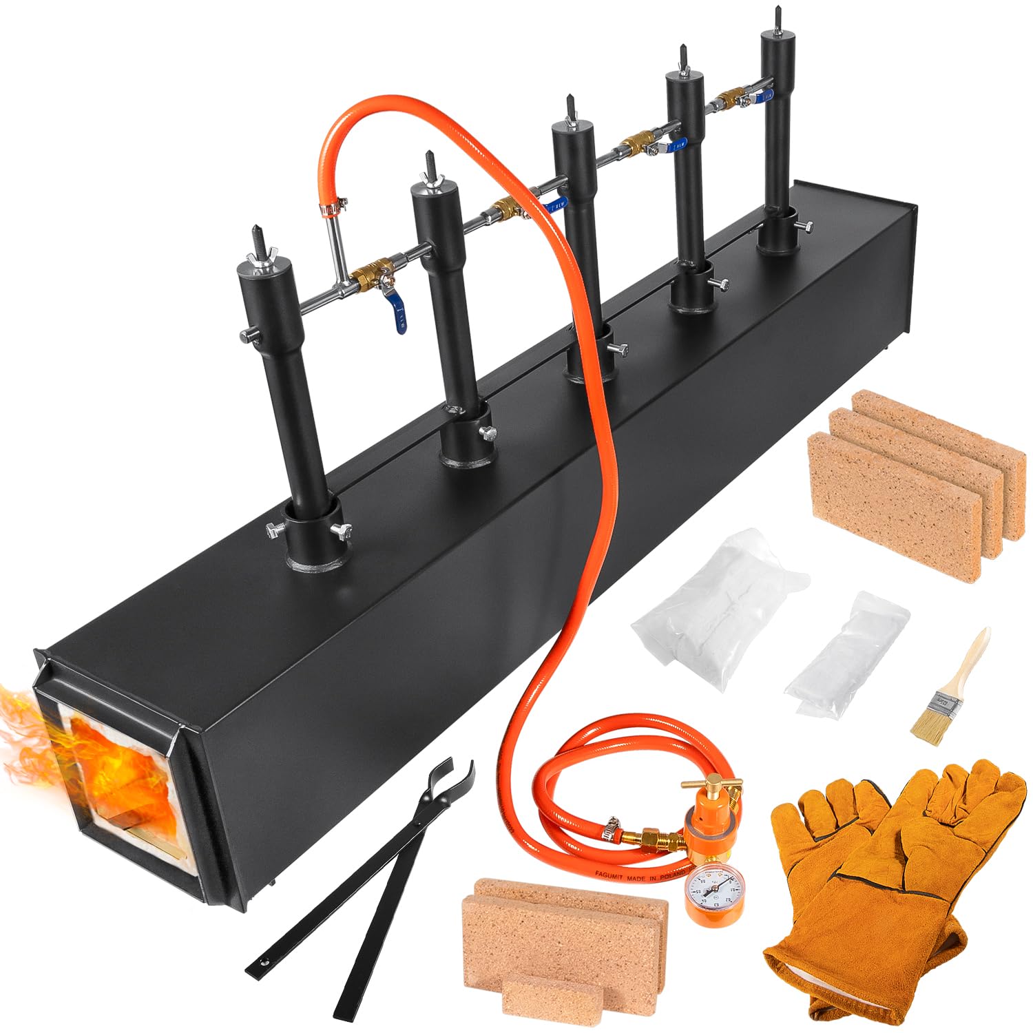 DFPROF5 Portable Gas Propane Forge 5 Burners 2700°F/1482℃ Large Capacity Square Forging Furnace for Blacksmithing Farrier Knife Tool Making Equipment with Tong & Gloves