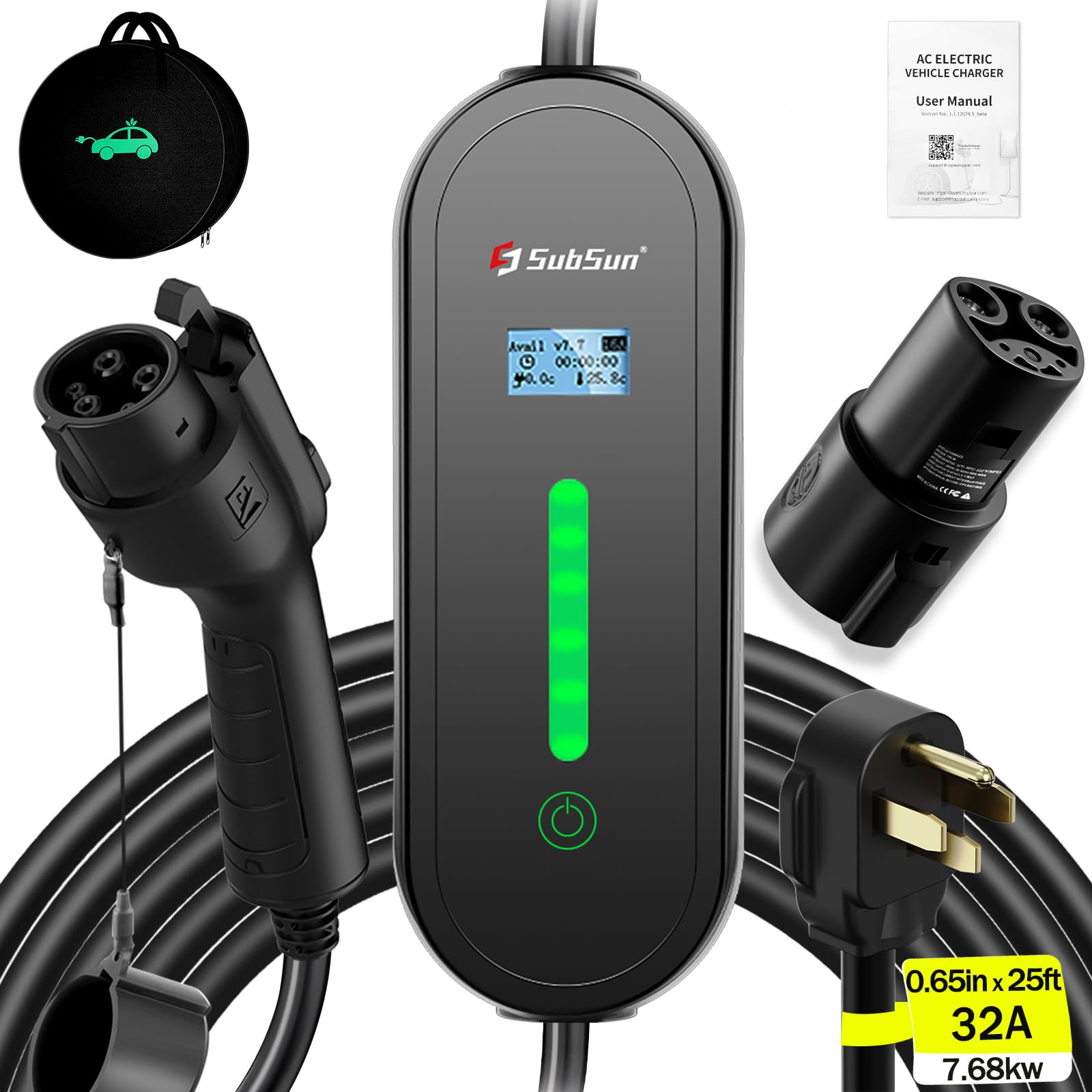 SubSun Universal Portable Level 2 EV Charger 32Amp 240V Electric Car Charger for All North American EVs Includes J1772 and Tesla, 25FT EV Charging Cable with NEMA 14-50 Plug (with Tesla Adapter)