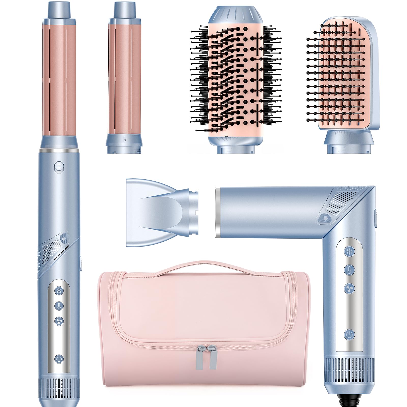 Hot Air Multi-Styler - 5 in 1 Professional Hair Wrap Styler Set with Air Curlers, Hair Dryer Brush, Straightener, Concentrator for Fast Drying Curling Straightening, Travel Case Included