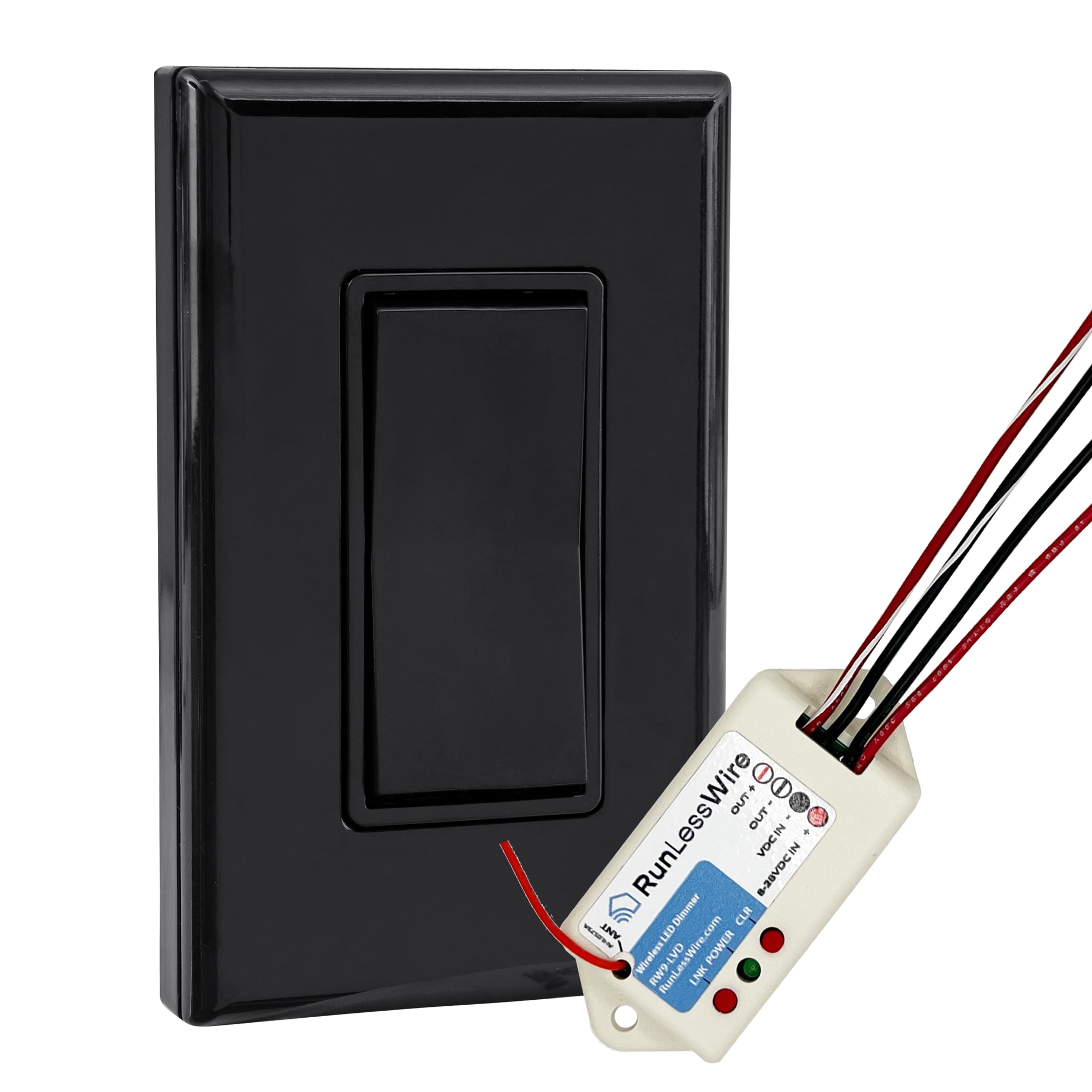 RunLessWire Low Voltage 8-30VDC Dimming Self Powered (NO Batteries) Wireless Light Switch - No Wiring, Battery, or WiFi Needed - Basic Low Volt Dimmer Kit: 1 Receiver, 1 Switch – Black