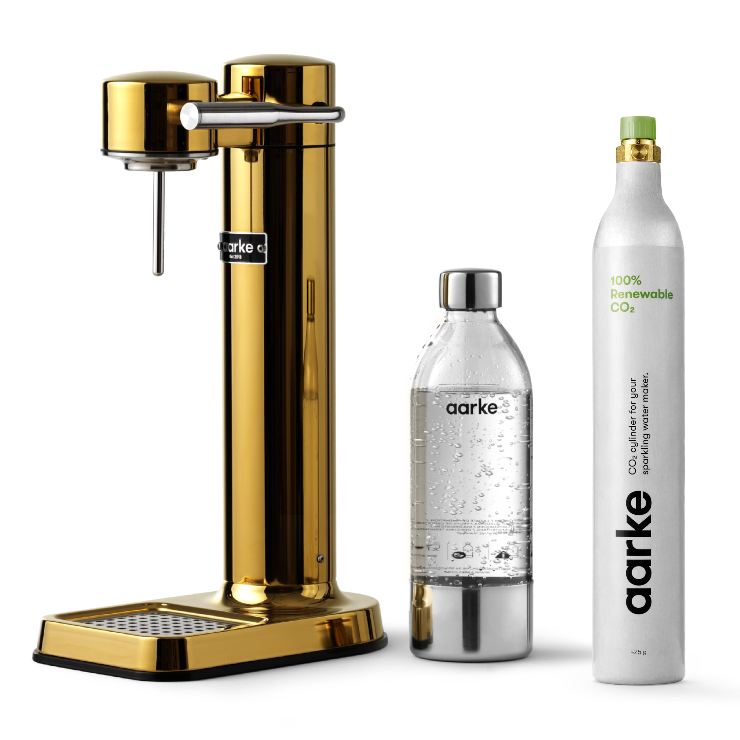 aarke Carbonator lll with CO2 Cylinder, Sparkling & Carbonation Water Machine, Stainless Steel with PET BPA-Free Reusable Bottle Volume 800 mL (Gold)