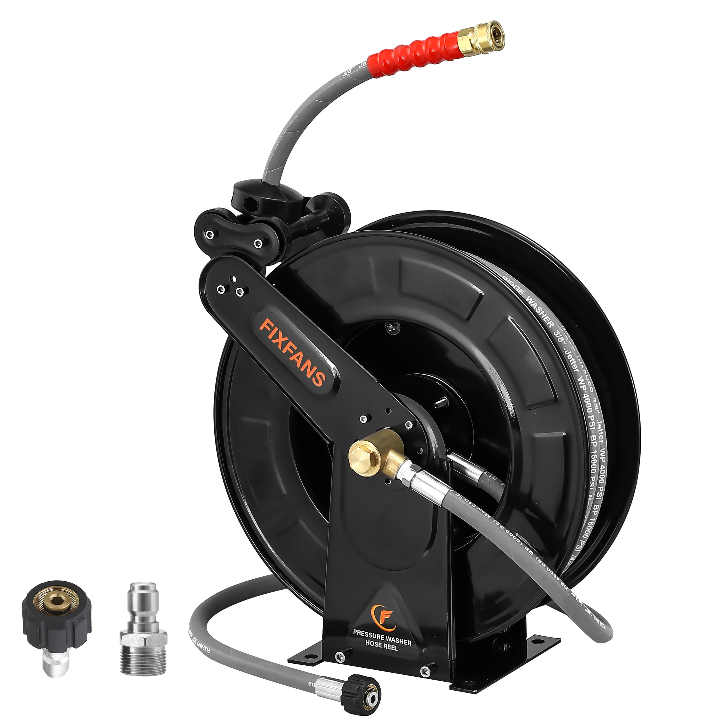 FIXFANS Pressure Washer Hose Reel With Hose, 3/8" X 50 FT Steel Auto-Retractable High Power Wash Hose Reel, Heavy Duty Dual Arm Hose Reel 4000 PSI, Black