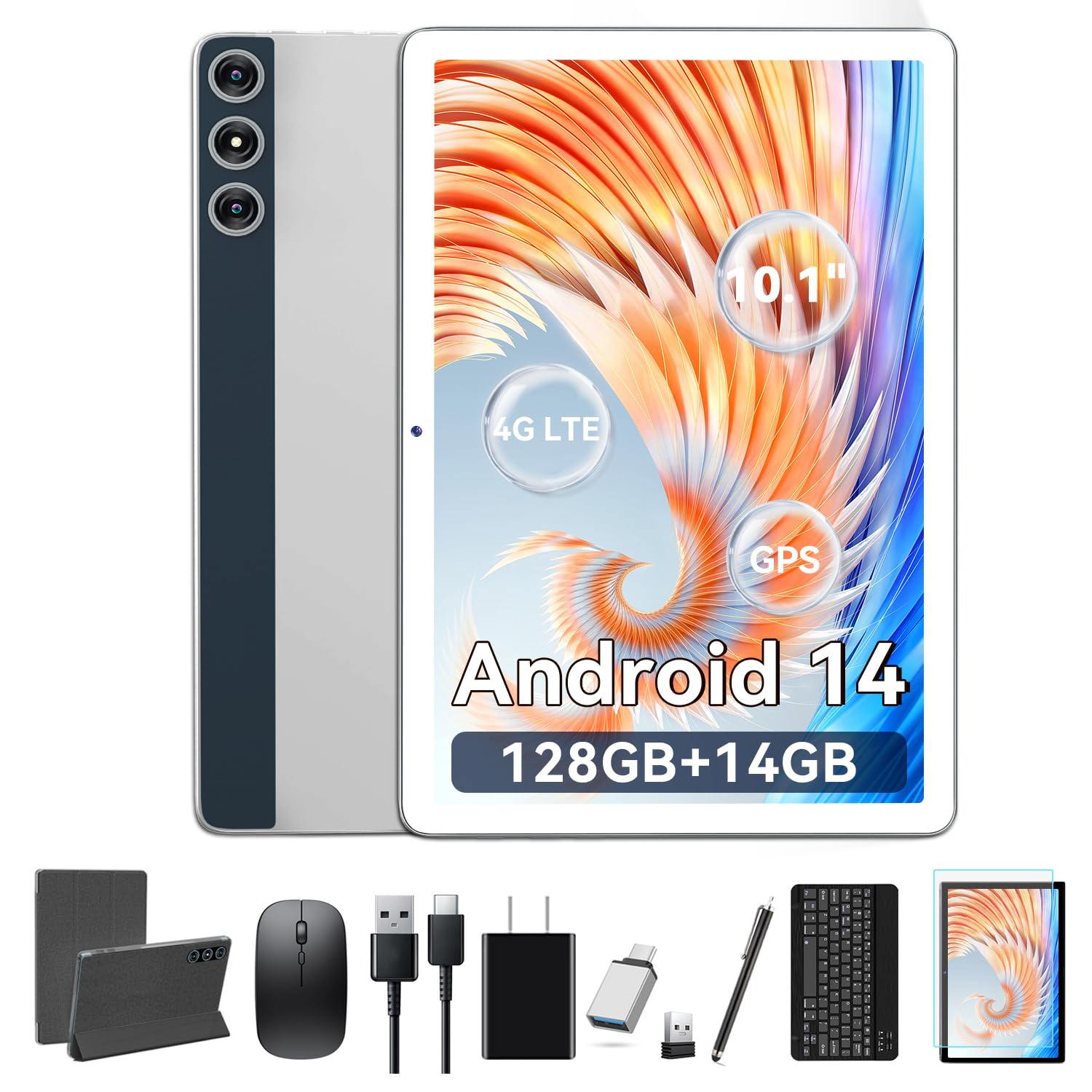 Tablet 10 Inch Android 14 Tablet, Octa-Core 5G WiFi, Dual 4G Cellular Tablet 128GB ROM 14GB RAM, 2025 Latest Tablet with Keyboard Bundle 1TB Expand Android Tablet 13MP+8MP Dual Camera, GPS Tab-Sliver