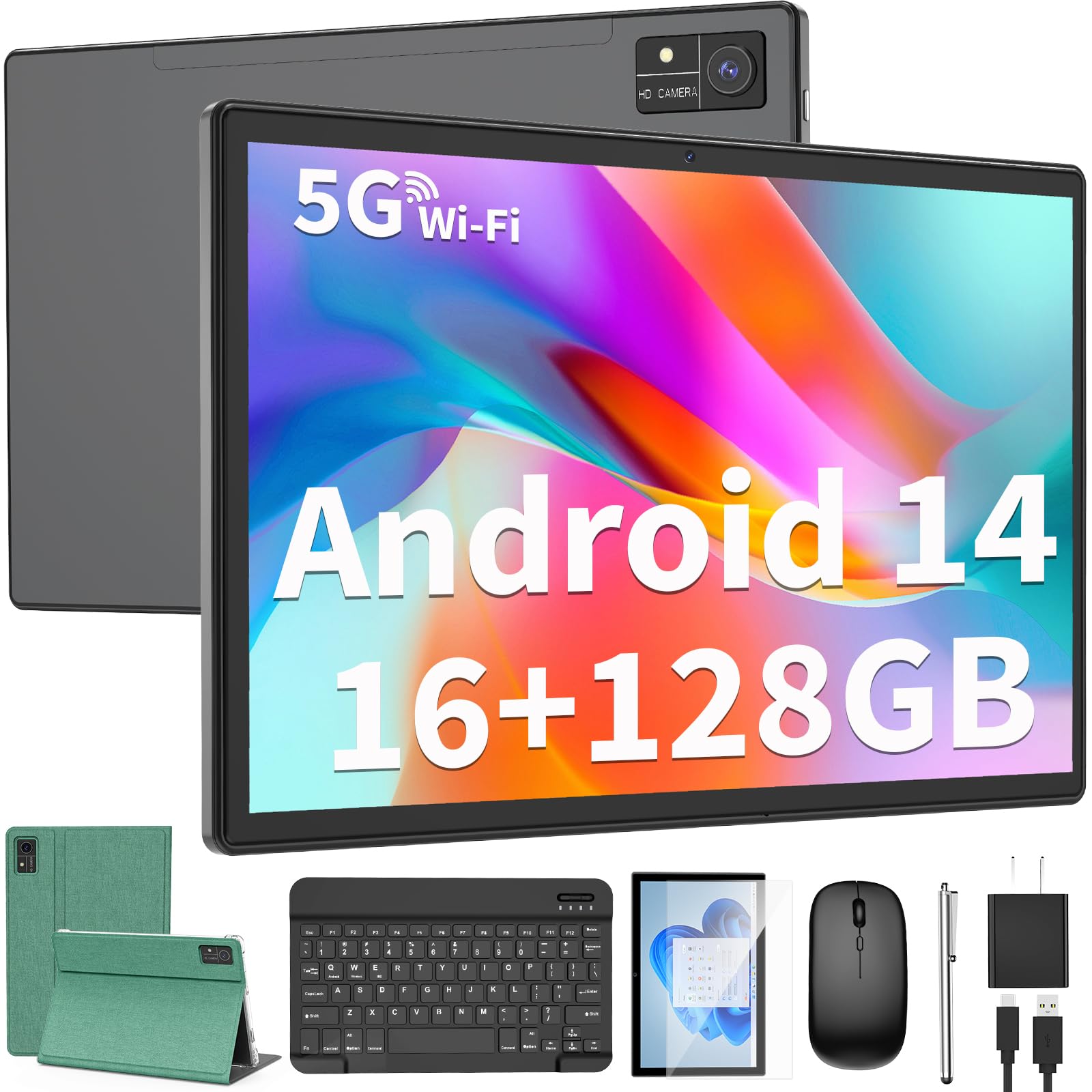 Android Tablet with Keyboard, 10 inch Android 14 Tablet, 16GB RAM 128GB ROM,1TB Expand, 5G WiFi, Bluetooth, 8000mAh Battery, GMS Certified, 2 in 1 Tablet with Keyboard, Mouse, Case, Stylus(Green)