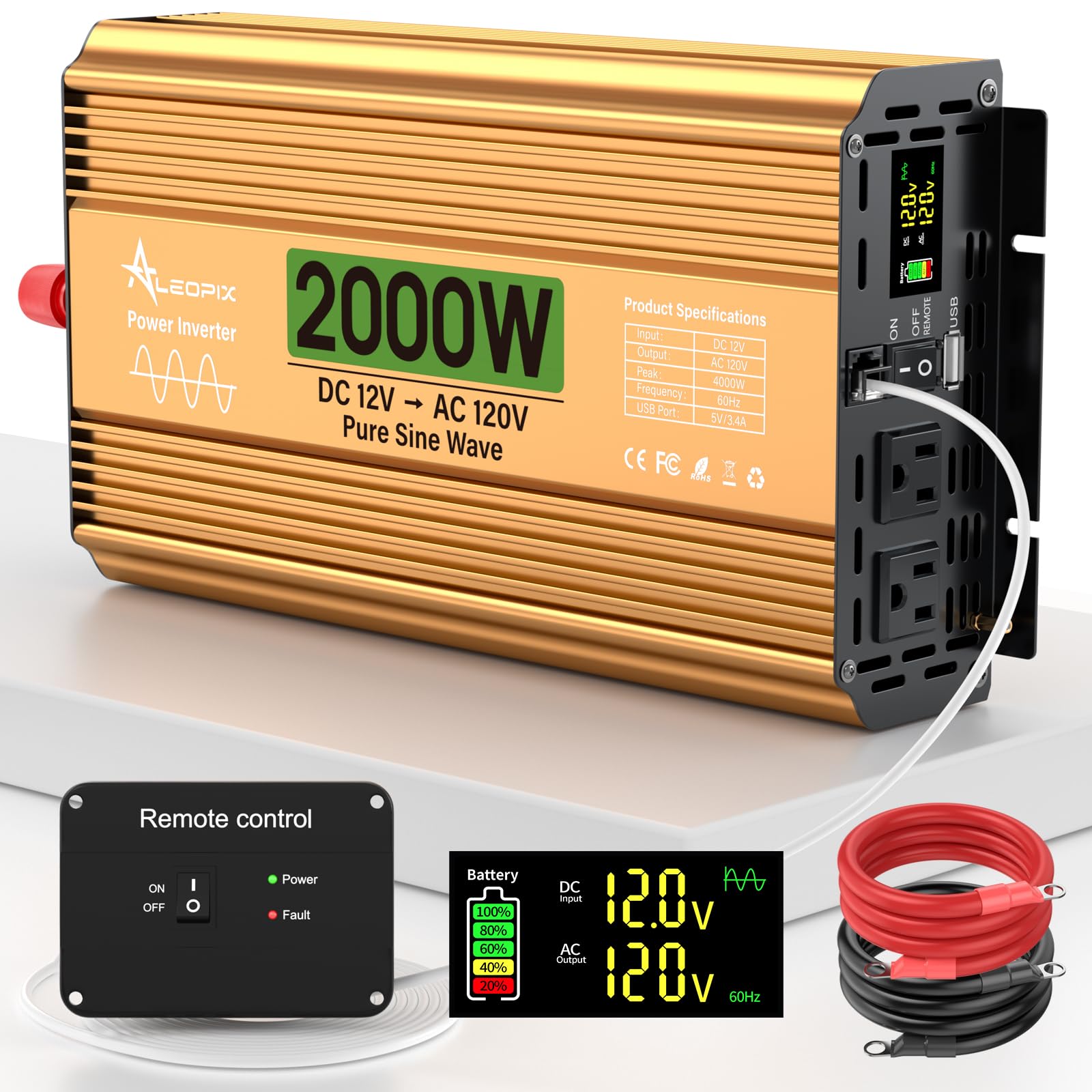 2000 Watt Pure Sine Wave Inverter 12V DC to 110V/120V AC for Truck/RV/Van/Home/Solar/Off-Grid, Surge 4000W Power Inverter with 2 AC Sockets, 5V 3.4A USB, LED Display, Remote Control for Vehicles