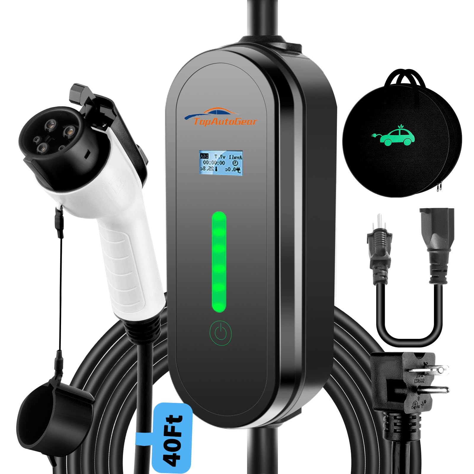 40Ft Cord Electric Vehicle Charger Level 1 & 2 16 Amp EV Charging Station with NEMA5-15P & 6-20 Plug, Compatible with J1772 Electric Cars Household Travel Portable Charger