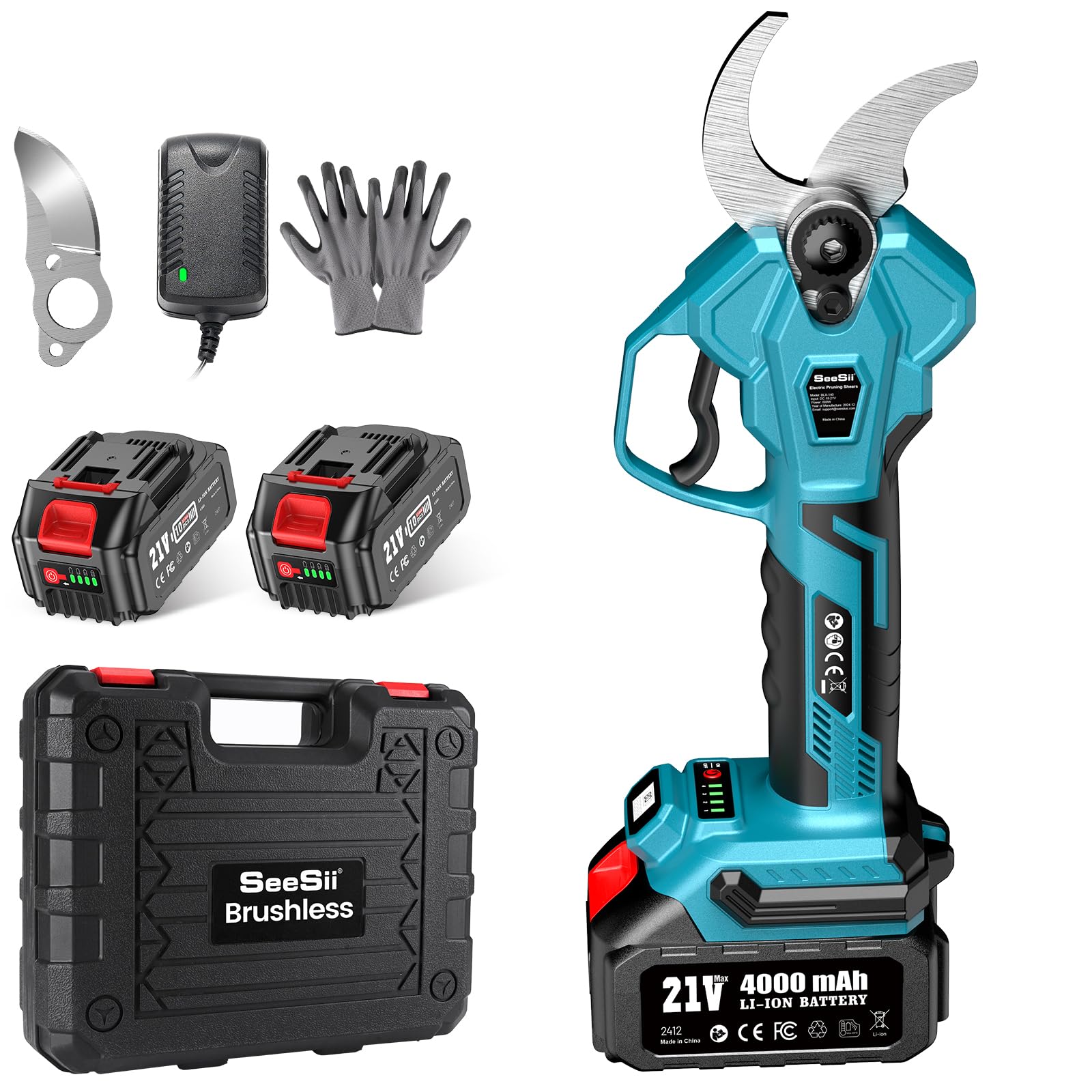 Seesii Electric Pruning Shears for Gardening: 1.8” Cutting Cordless Power Pruner - Brushless Motor, Dual 4.0Ah Battery, 4 Levels Adjustable Extra SK5 Blade Branches Cutter For Tree & Flower Trimming