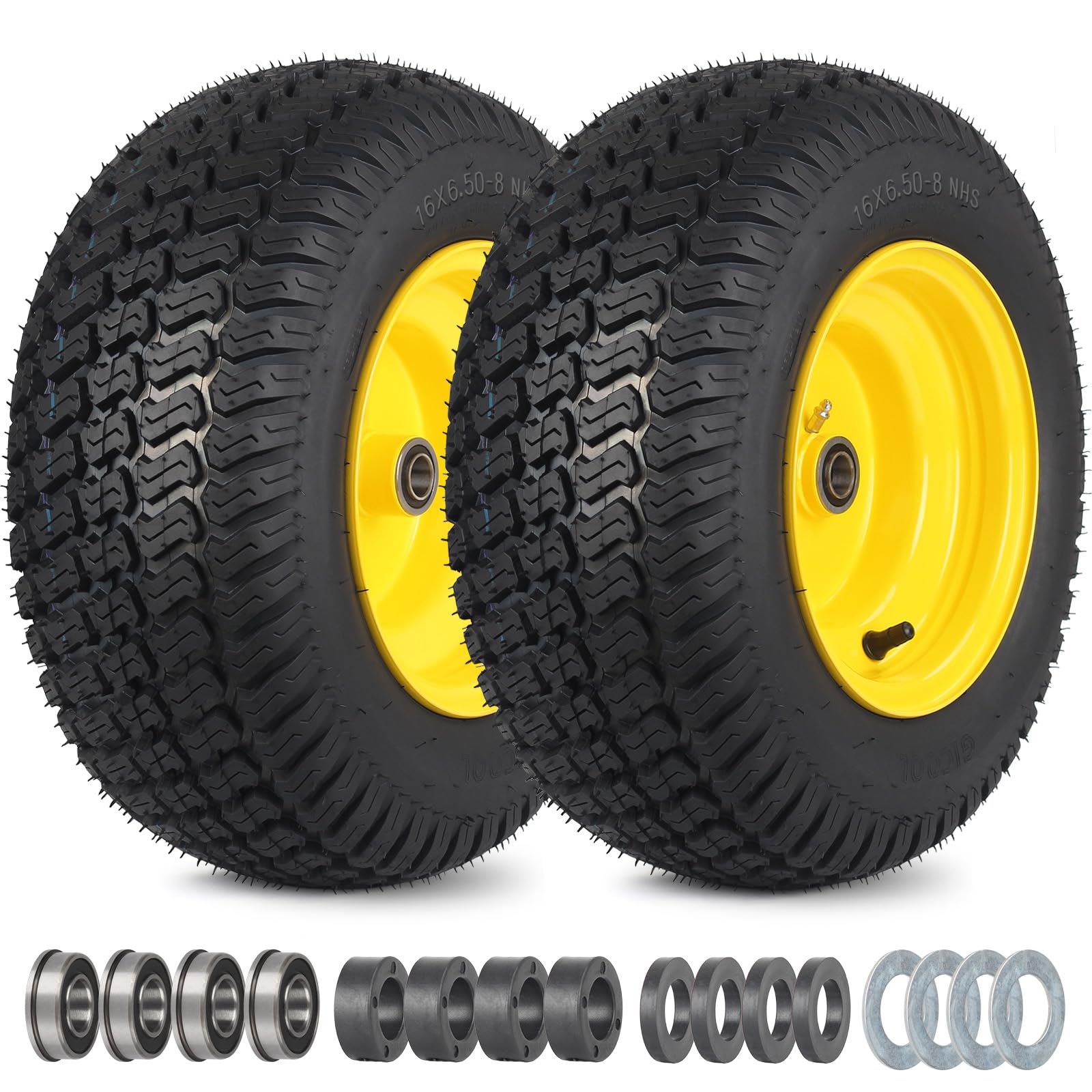 GICOOL 16x6.50-8 Tubeless Tire and Wheel, 16x6.5-8 Lawn Mower Tires, 3"-4.5" Offset Hub, 3/4" or 5/8" Bearing, Universal Fit Riding Mower and Garden Tractor Front Wheel, 4 Ply, S-Turf Pattern, 2 Pack