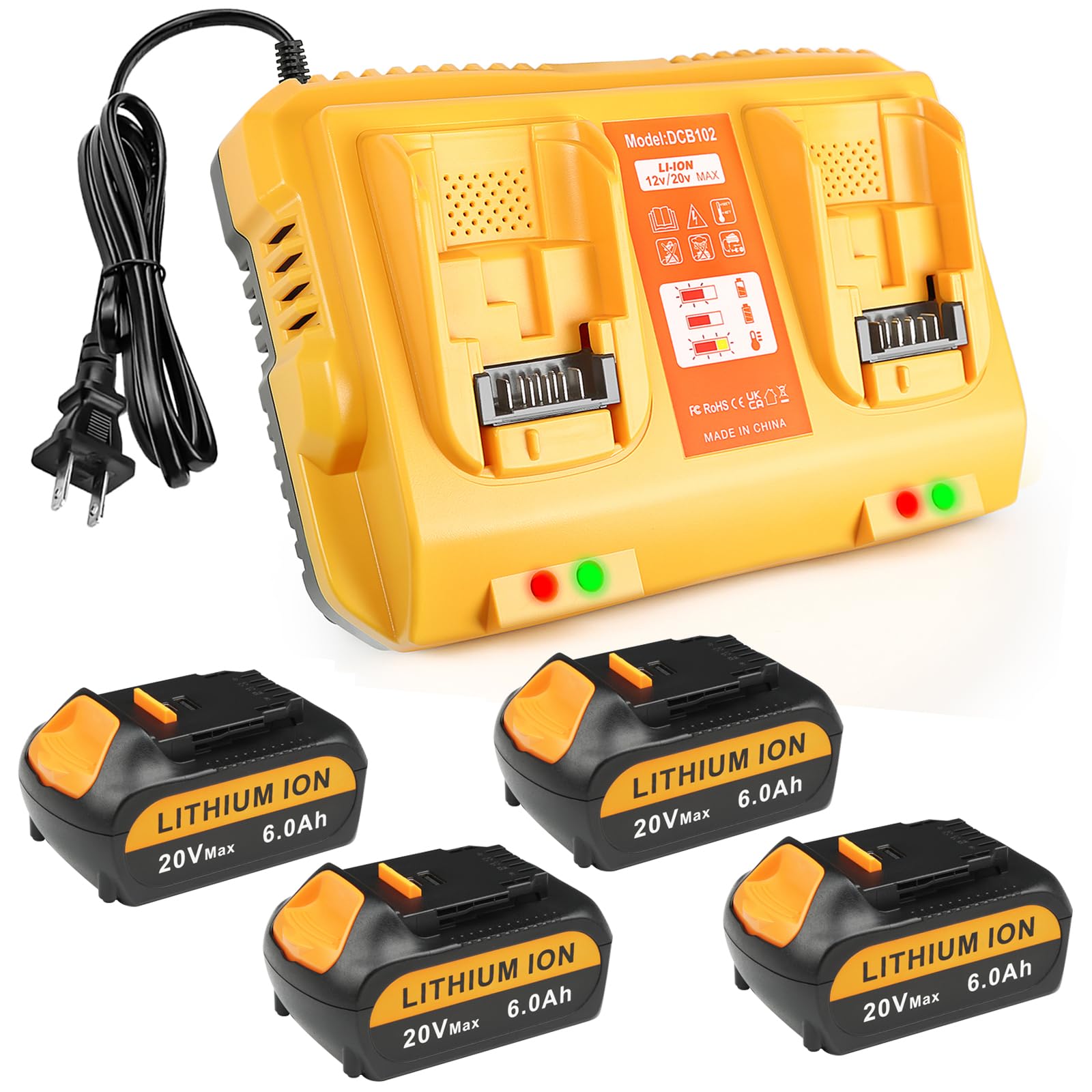 4-Pack 20V Max Battery Replacement for Dewalt Battery 6.0Ah and DCB102 20V Battery Charger,Compatible with 12-20V Batteries and All 20V Dewalt Cordless Tools
