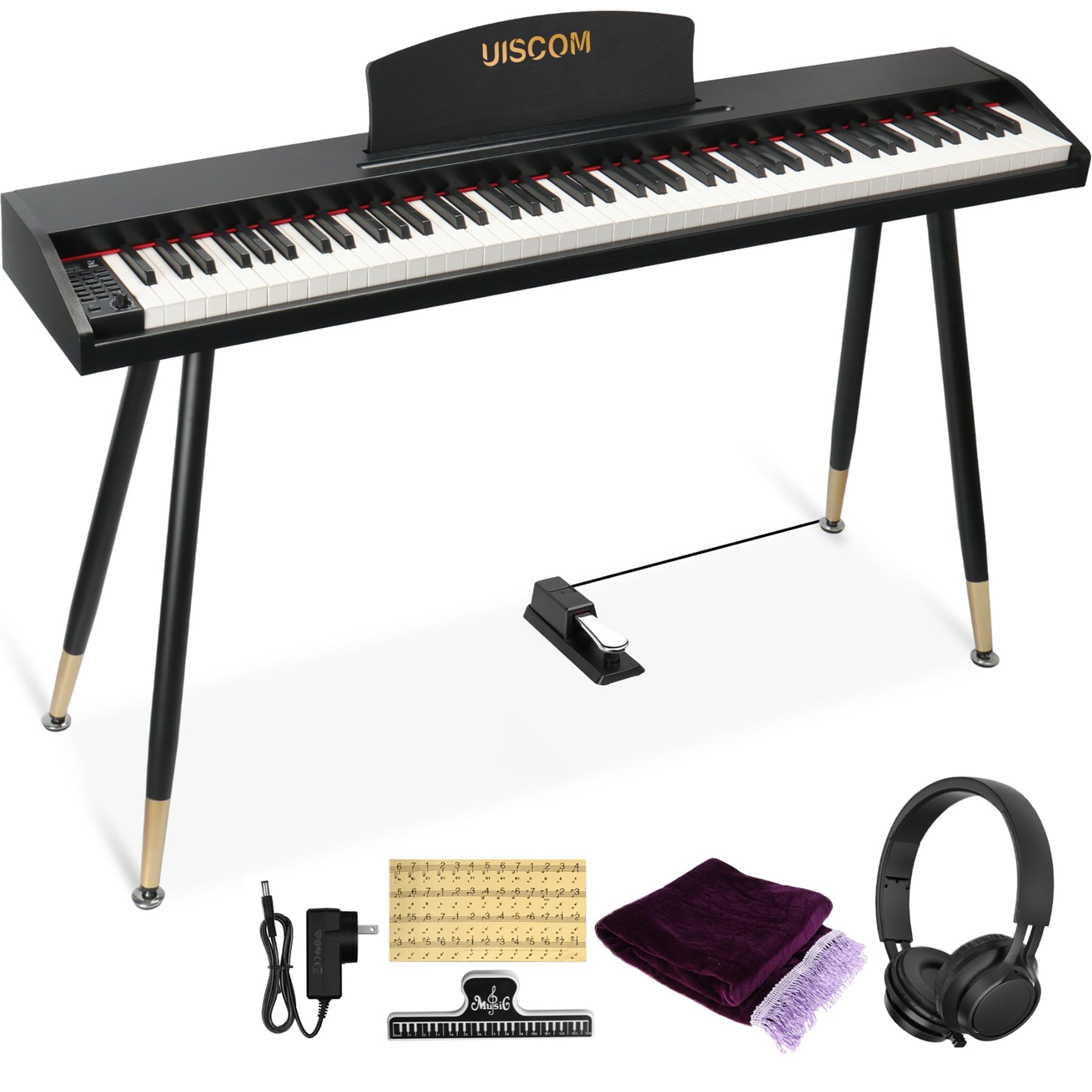 UISCOM Digital Piano Keyboard for Beginners,Full Size 88 Key Semi-Weighted Keyboard Electric Piano with Stand,Power Adapter,Sheet Music Stand,Pedal,Headphone,USB-MIDI Compatibility,Wood Grain Black