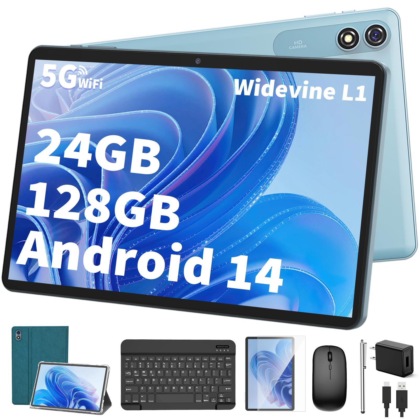 Android Tablet with Keyboard,10 inch Android 14 tablet, 24GB RAM 128GB ROM, 1TB Expand, Octa-Core, Widevine L1, 2.4G/5G WiFi, 8000mAh, Bluetooth, GMS, 2 in 1 Tablet with Case, Mouse, Stylus（Green）