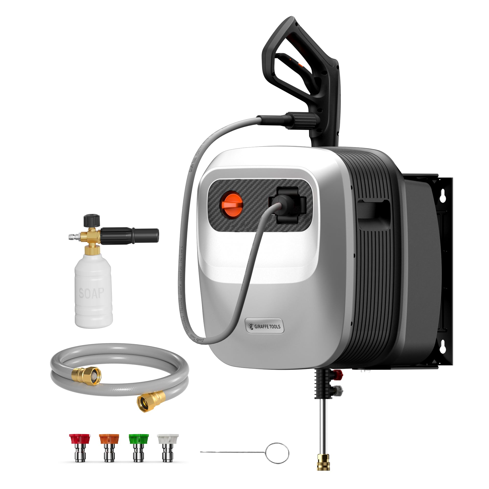 Giraffe Tools Grandfalls Pressure Washer G20 Pro, 2400 PSI 2.0 GPM, Wall Mounted Power Washer with 65FT Hose Reel, 4 Nozzles, Foam Cannon for Floor/Cars/Fences/Patios, Light Silver