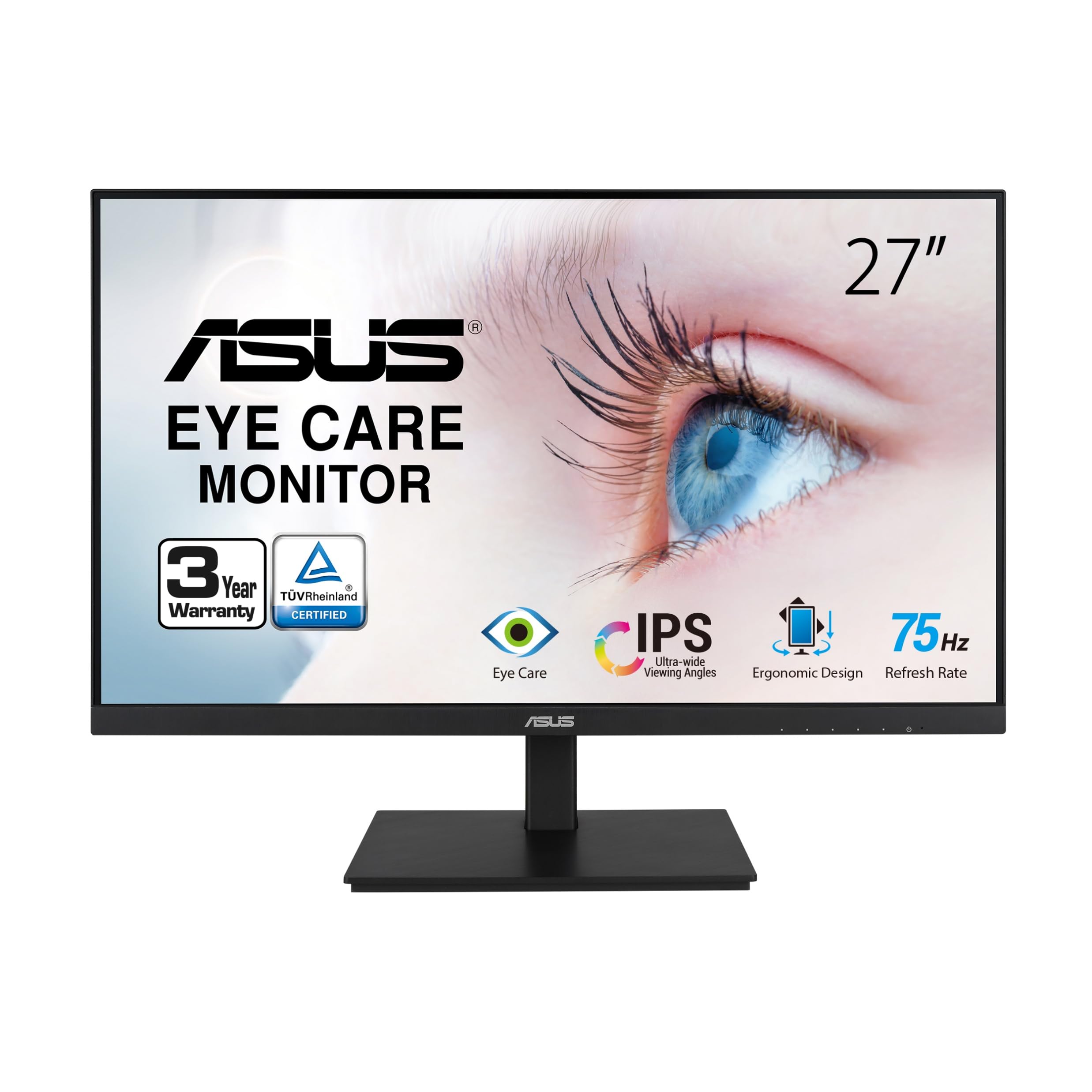ASUS VA27DQSB 27” Monitor, 1080P Full HD, 75Hz, IPS, Adaptive-Sync, Eye Care, HDMI DisplayPort VGA USB Hub, Frameless, Ergonomic Design, VESA Wall Mountable,BLACK