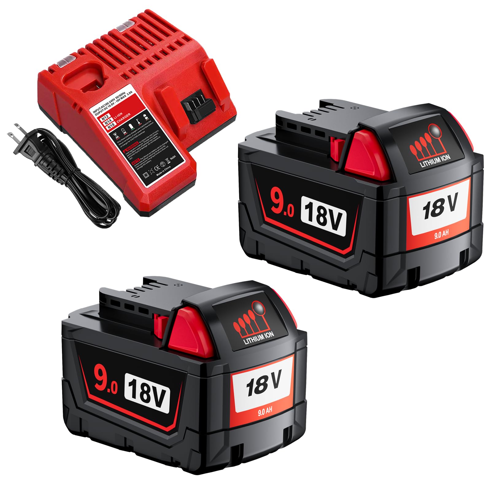 2Pack 18V 9.0A Batteries and Charger Replacement for Milwaukee M18 Battery Compatible with M18 Milwaukee Battery Lithium Ion 48-11-1862 48-11-1860 48-11-1828 48-11-1815 and 18V Cordless Power Tools