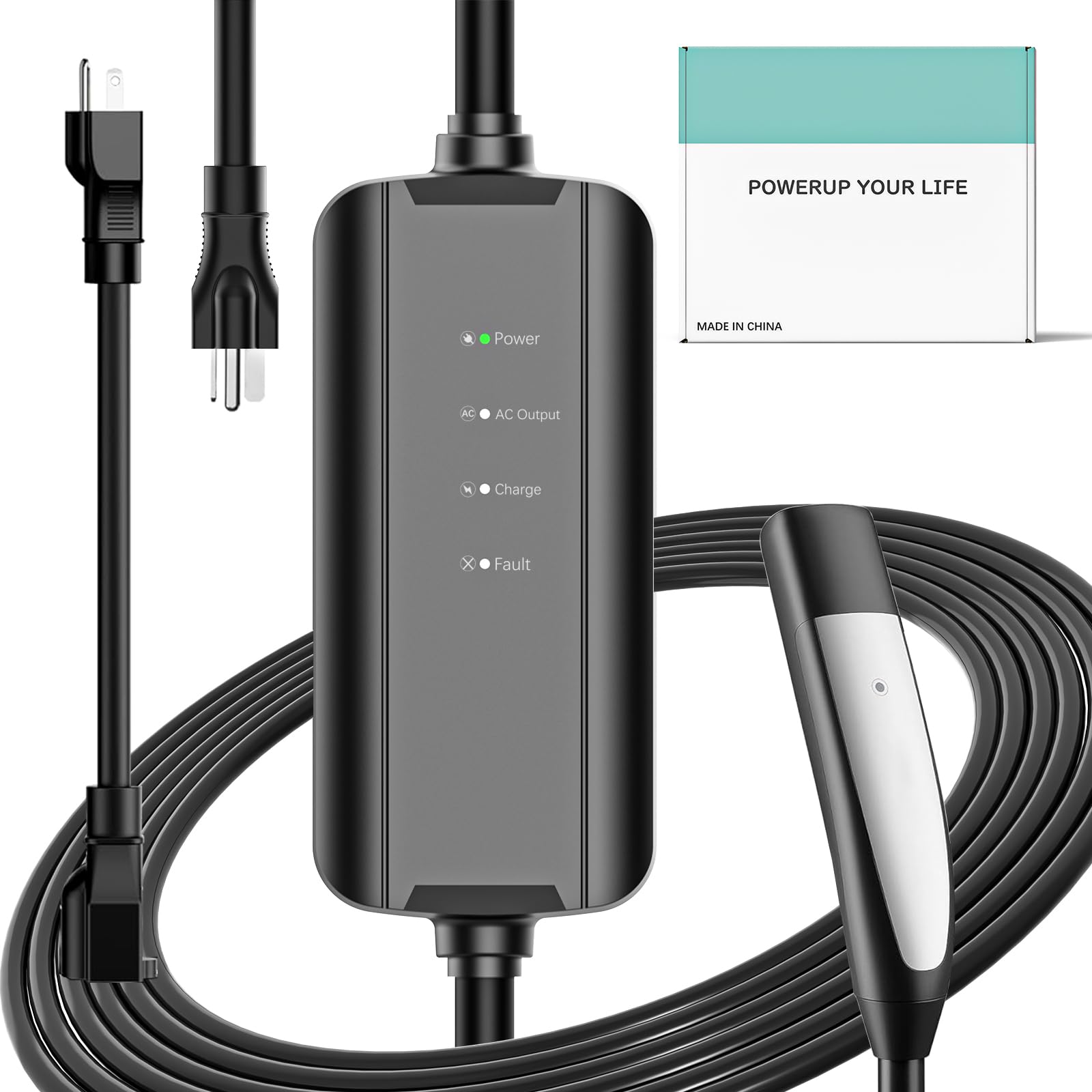 Aiskooc 16Amp Level 2 EV Charger - NEMA 6-20 & 5-15 Plug, 110V Mobile Charger, 25ft Extension Cord, Portable for Tesla Models 3/Y/X