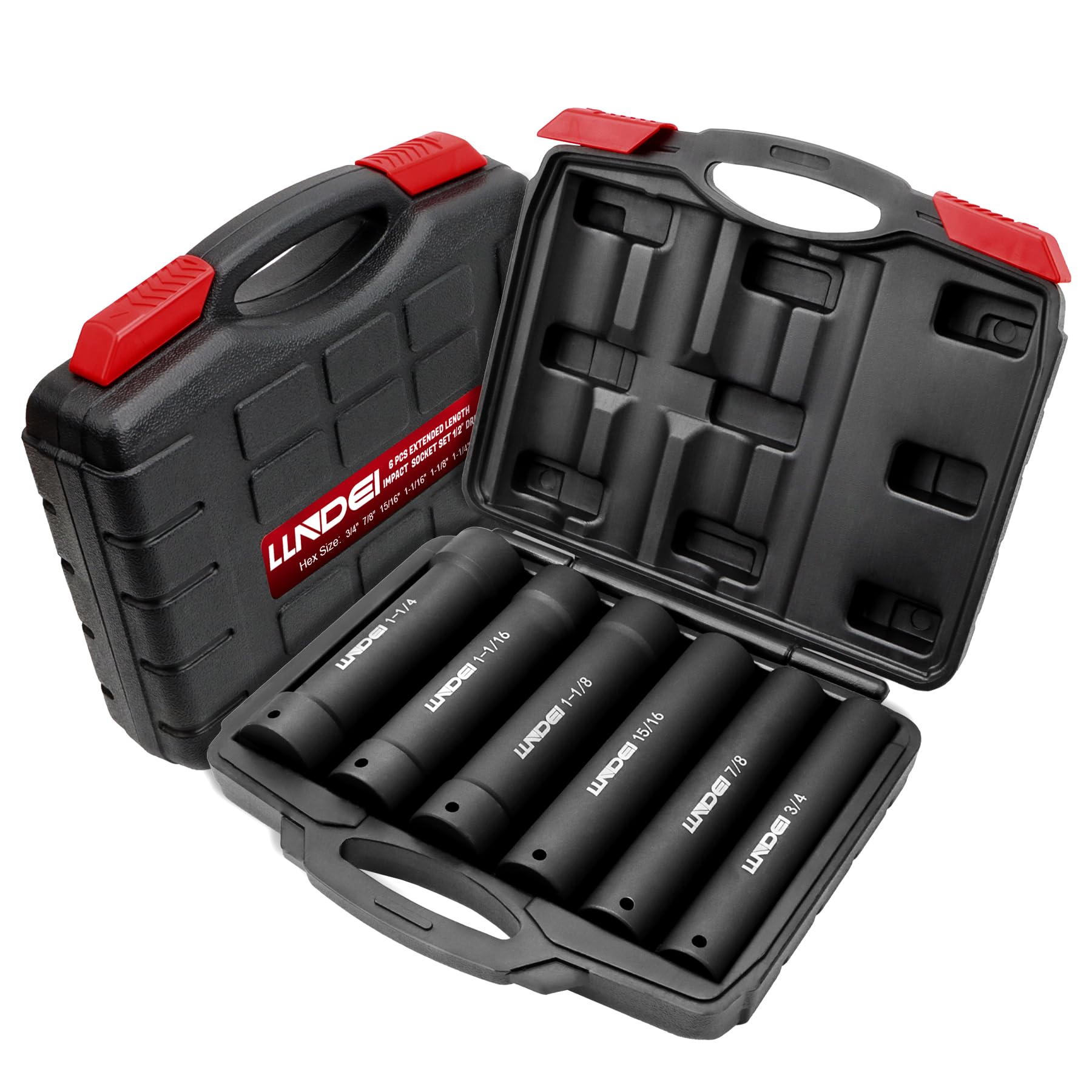 LLNDEI 1/2 Inch Drive Extended Length Impact Socket Set 6PCS Extra Deep Socket Set Include Sizes 3/4", 7/8", 15/16", 1-1/16", 1-1/8", 1-1/4" for High Torque Use