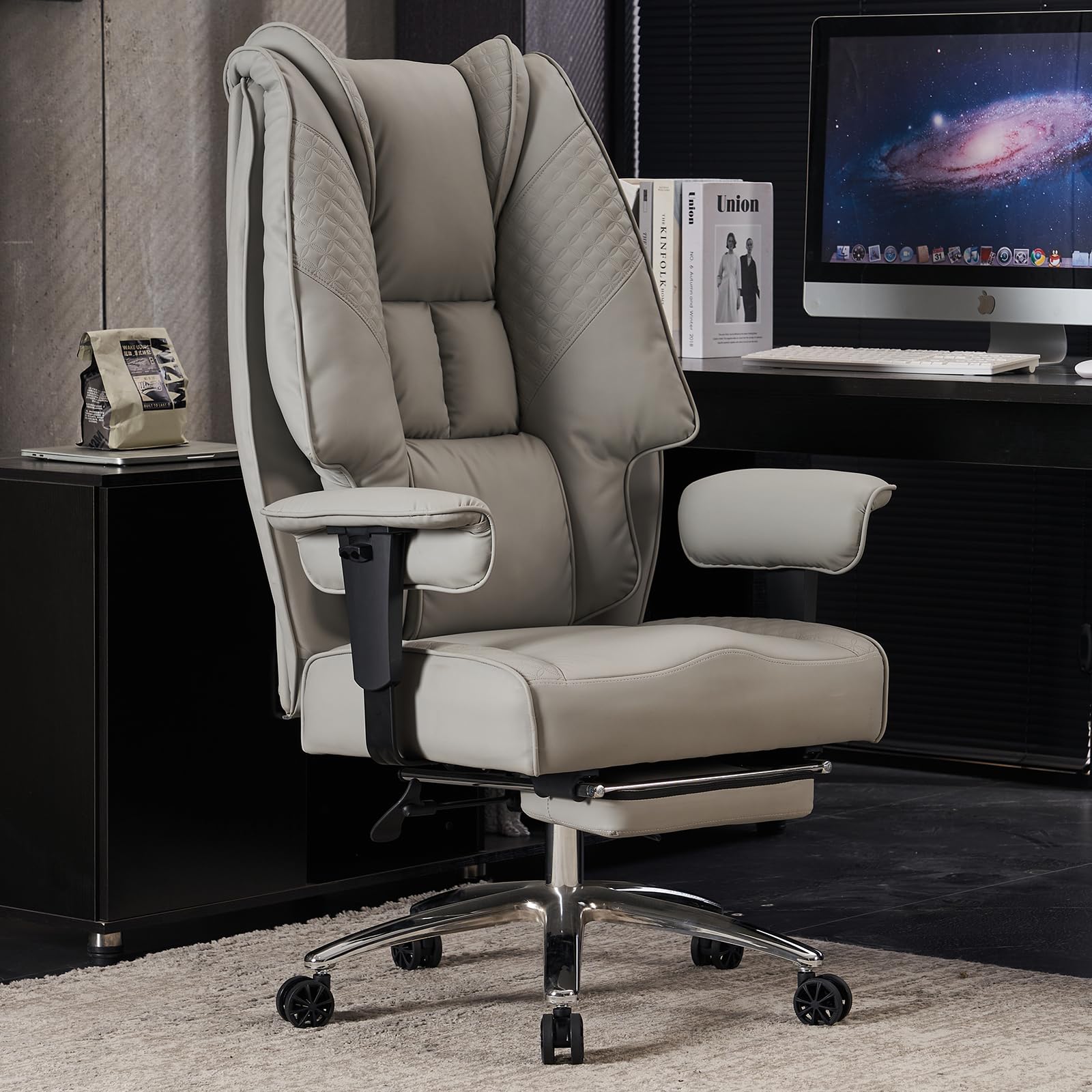 EXCEBET Big and Tall Office Chair 400lbs Wide Seat, Leather High Back Executive Office Chair with Foot Rest, Ergonomic Office Chair Lumbar Support for Lower Back Pain Relief (Light Grey)
