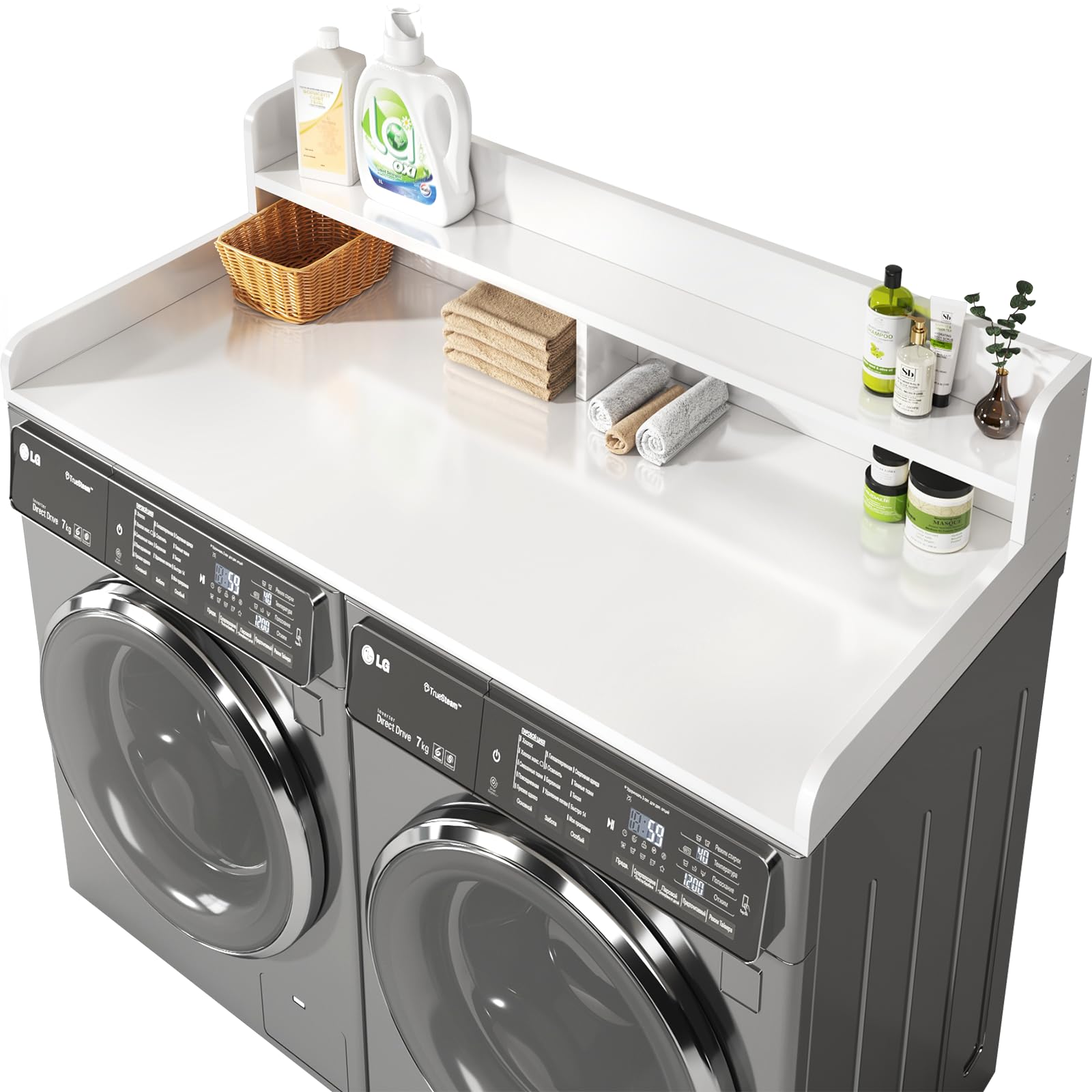 BigPonPon 2-Tier Washer And Dryer Countertop With 2.75"H Guard,54"W x 27.5"D Laundry Countertop Cover With Non-Slip Pad,Large Space Laundry Topper For Folding Clothes Over Washer And Dryer-White