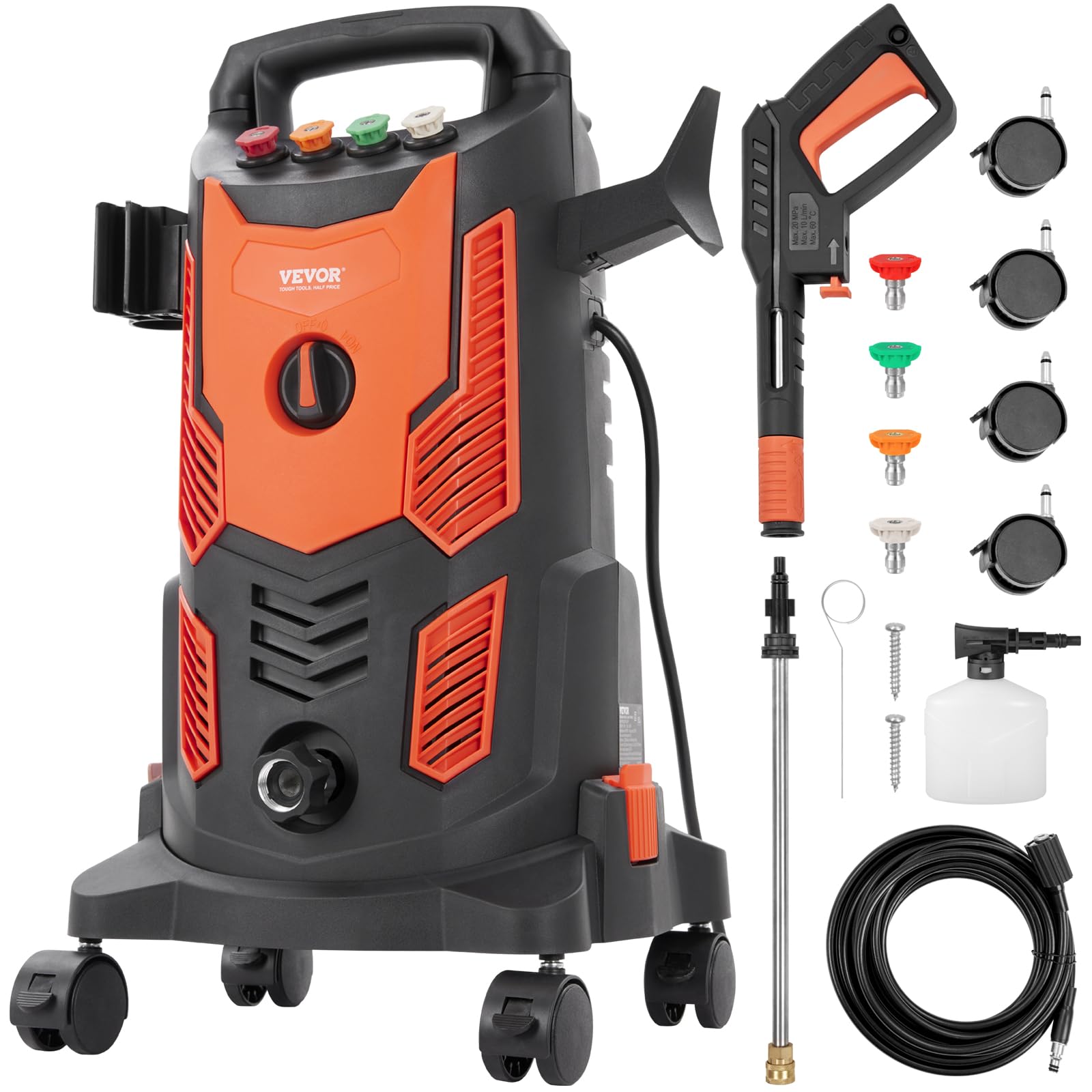 VEVOR Electric Pressure Washer, 2300 PSI Max. 1.9 GPM, 1900W Power Washer w/ 26 ft Hose, 4 Quick Connect Nozzles, Foam Cannon, Retractable Handle for Portable to Clean Patios, Cars, Fences, Driveways