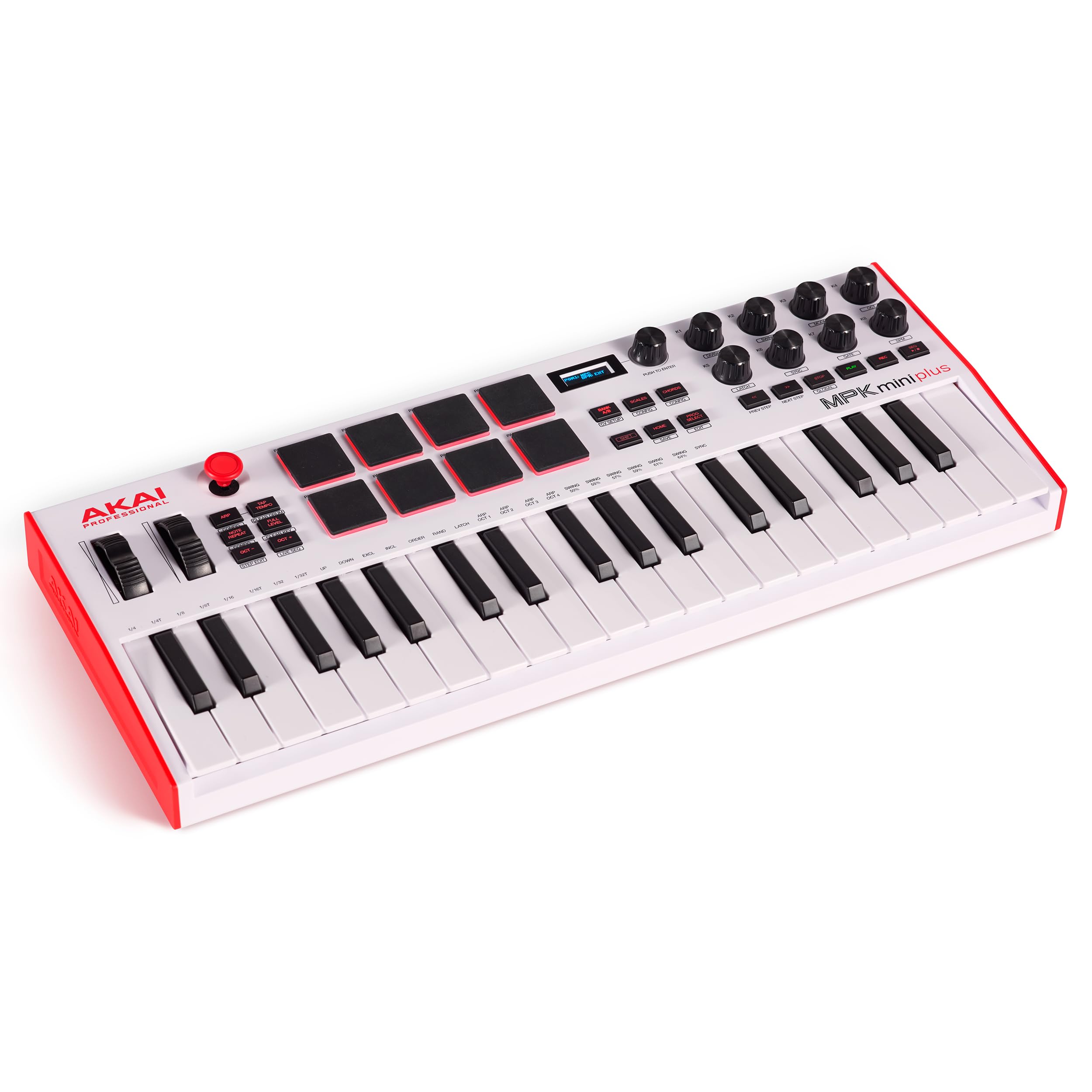 Akai Professional MPK Mini Plus - USB MIDI Keyboard Controller with 37 Mini Keys, 8 MPC Pads, Sequencer, MIDI/CV/Gate I/O and Native Instruments Sound Package, White Limited Edition