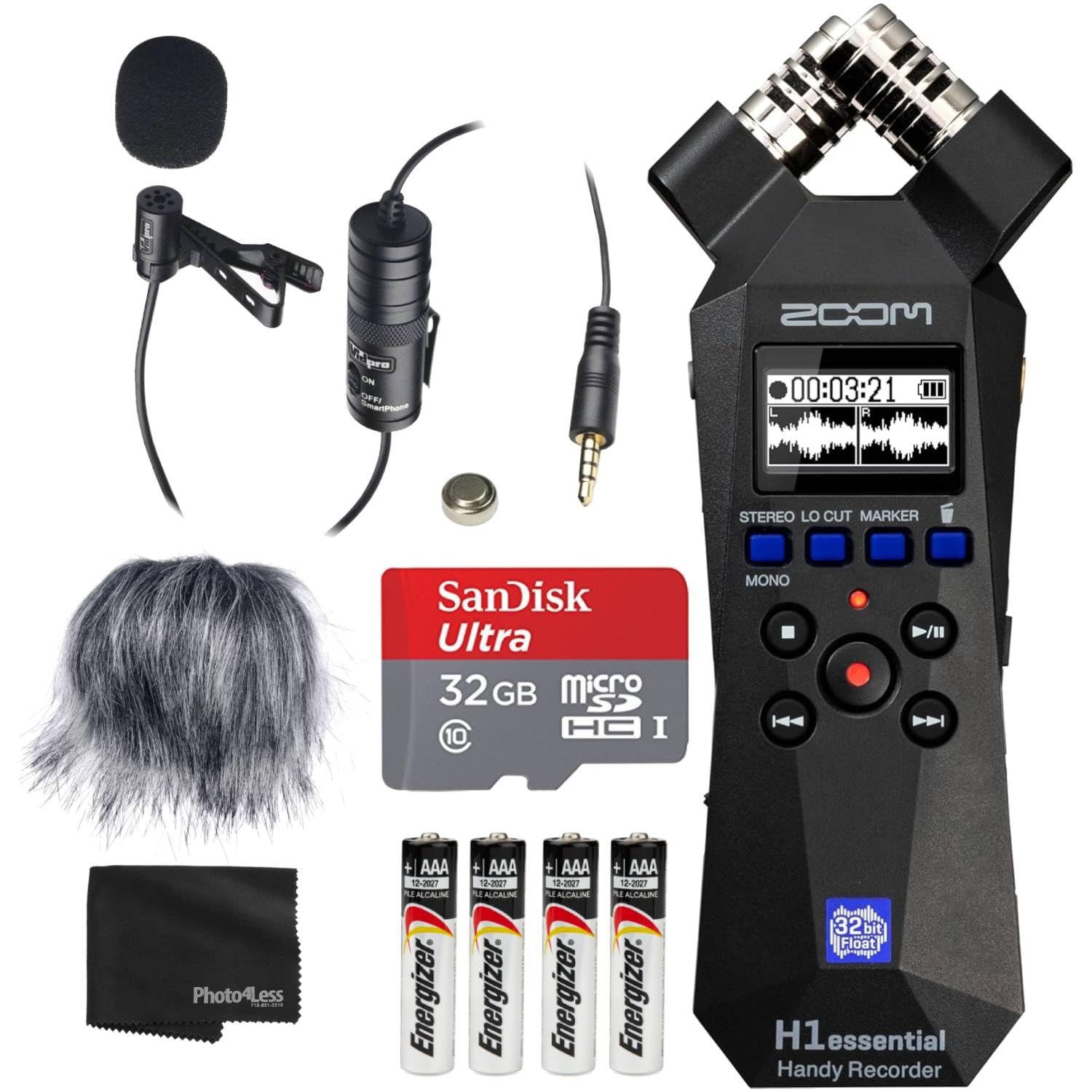 Zoom H1essential Handy Recorder Bundle with Professional Lavalier Condenser Microphone, 32GB microSDHC Card, Furry Microphone Windscreen, 4 AAA Alkaline Batteries, and More!