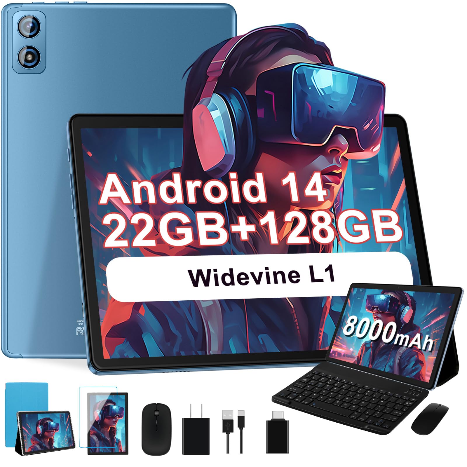 Dghrti 2025 Android 14 Tablet, 22(6+16) G+128G/1TB Expansion, 10 inch Tablets with 8000 mAh Battery, Octa-Core, GPS, Split-Screen, Face Unlock, 2 in 1 Tablet with Keyboard, Mouse, Case, Metal Blue