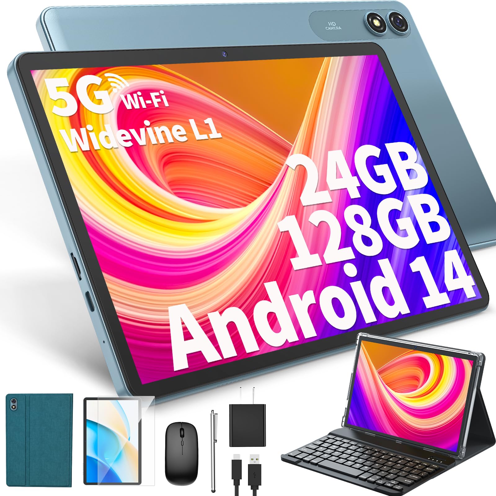HISORL Android Tablet with Keyboard, Android 14 Tablet 10 inch with 24GB+128GB, 1TB Expand, 8-Core, 8000mAh, 5G WiFi, Widevine L1, GMS, 2 in 1 Tablet with Keyboard, Mouse, Stylus(Green)