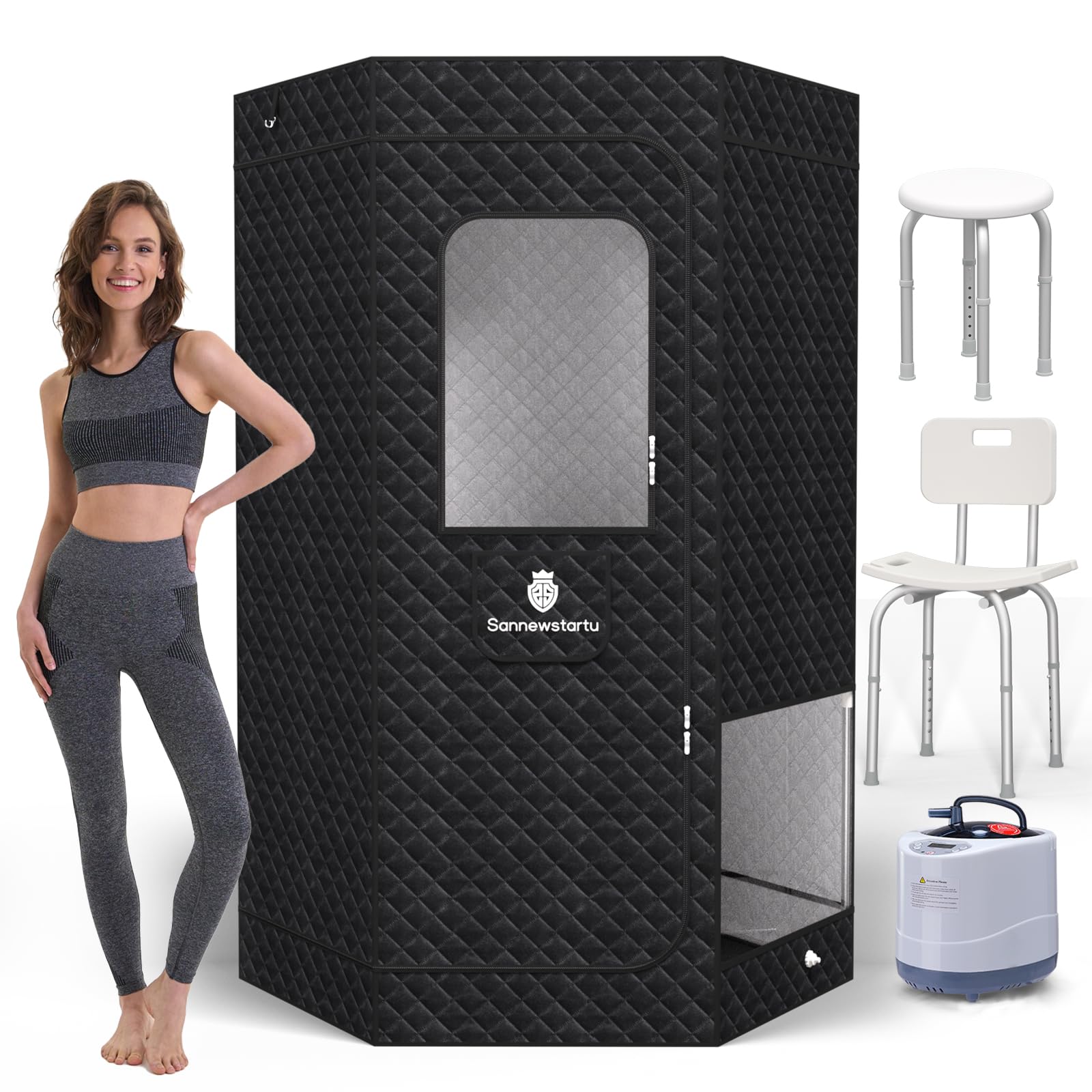 Sannewstartu 2 People Portable Sauna Box with 2 Shower Chairs, Heavy Oxford Cotton Steam Sauna, Full Body Sauna for Home, 4L & 1600W Steam Generator, 16 Levels, Remote Control, 6 Feet High