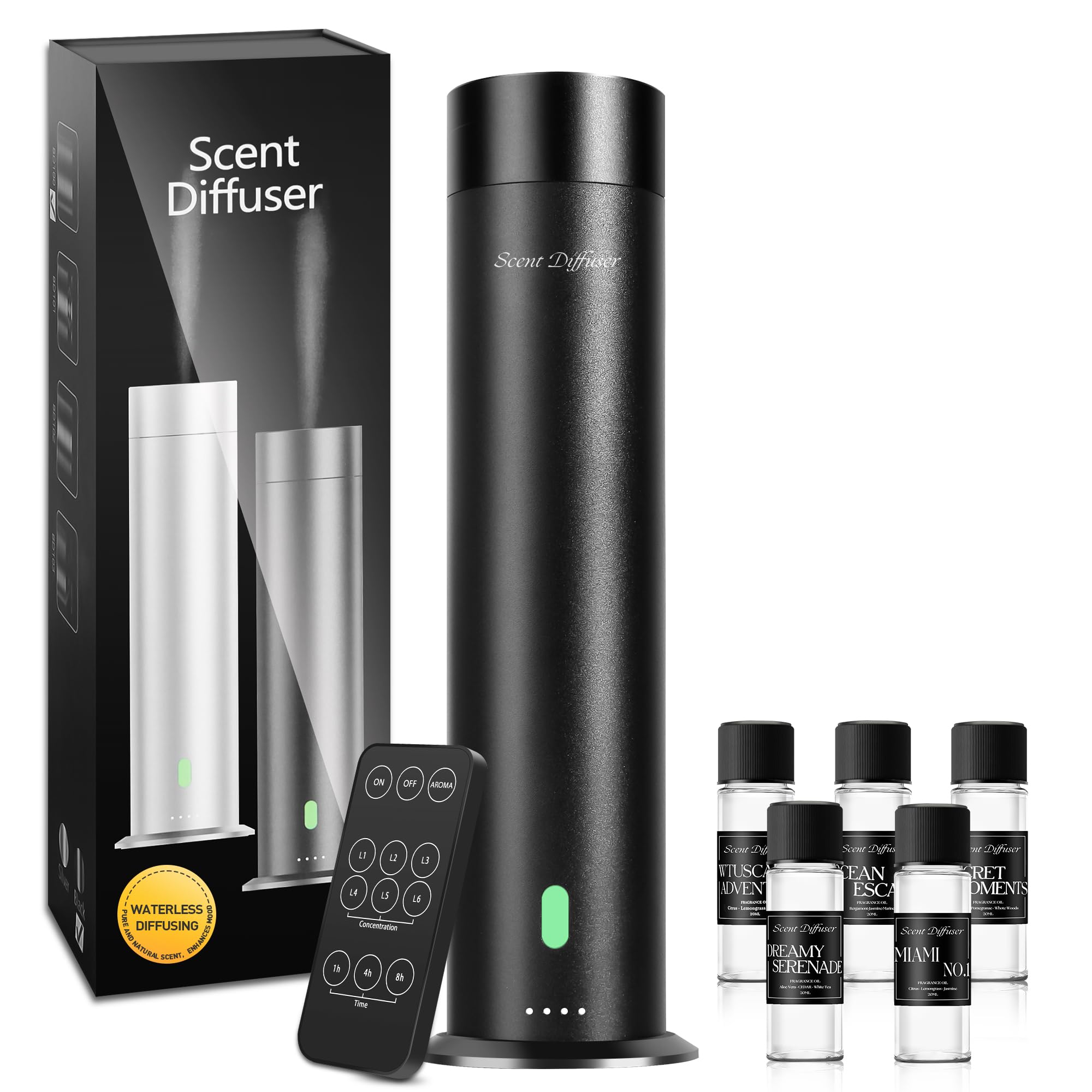 Waterless Scent Diffuser Starter Kit - 800 Sq Ft Coverage, Hotel Scent Diffuser, Essential Oil Diffuser Large Room, Included 5 Scent Oils, Remote Control, Black, 11.20In