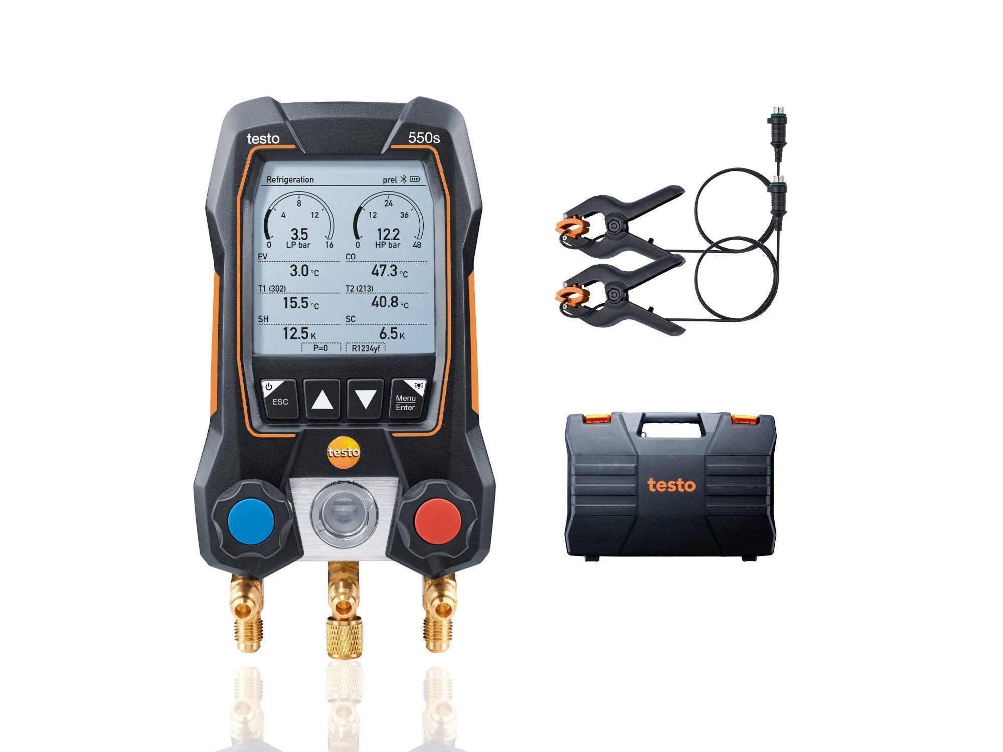 testo 550s AC Manifold Gauge Set – Manifold Gauges Hvac and Refrigeration – Incl. 2 Wired Temperature Clamp Probes – AC Recharge Kit with superheat, subcooling and Bluetooth