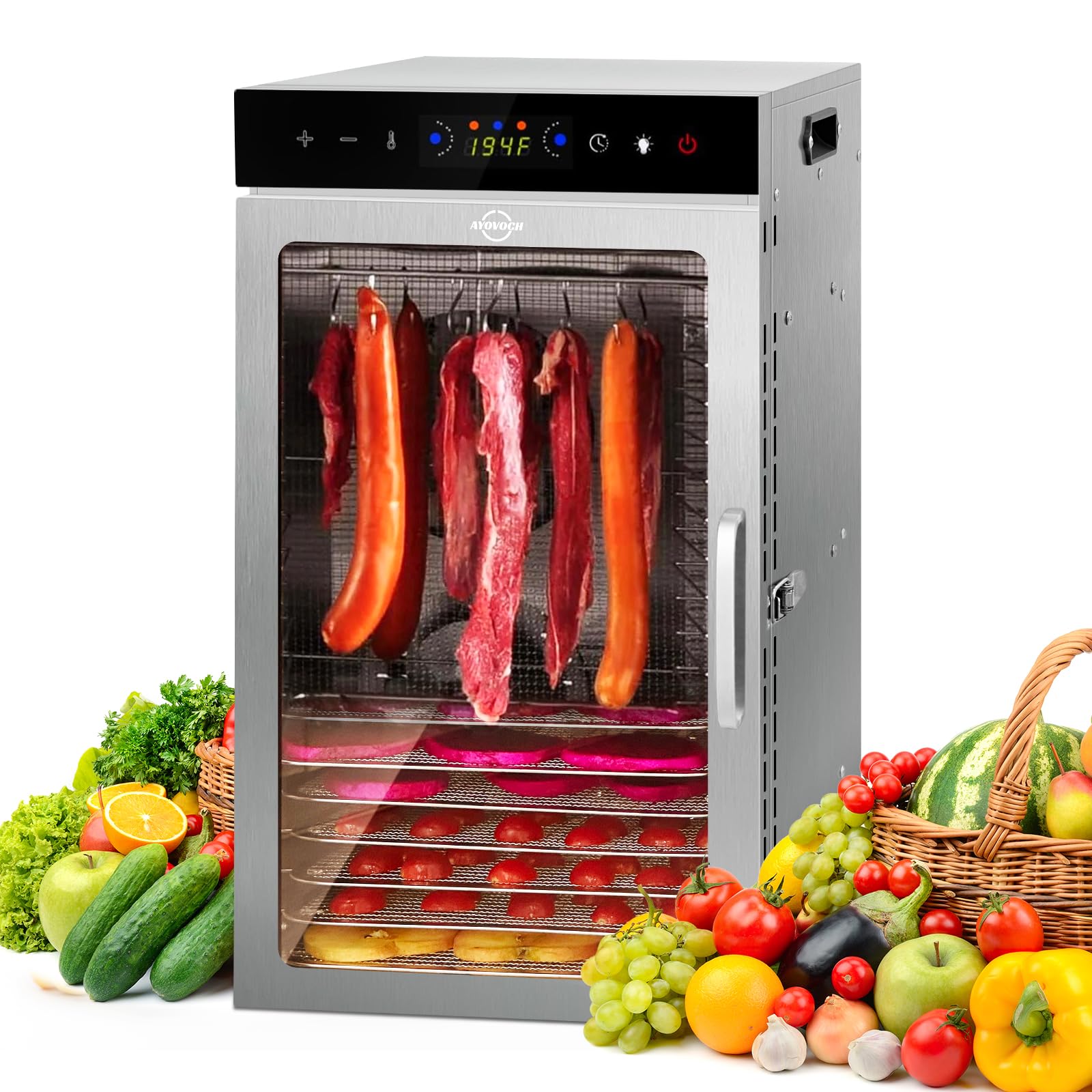 Commercial Food Dehydrator Machine 18-Tray, 86-194℉ Temperature Control, 800W Fast Drying Dehydrater, Low Noise <45dB, 24H Timer, LED Display, Stainless Steel Dehydrator for Meat Jerky Beef Fruit Herb