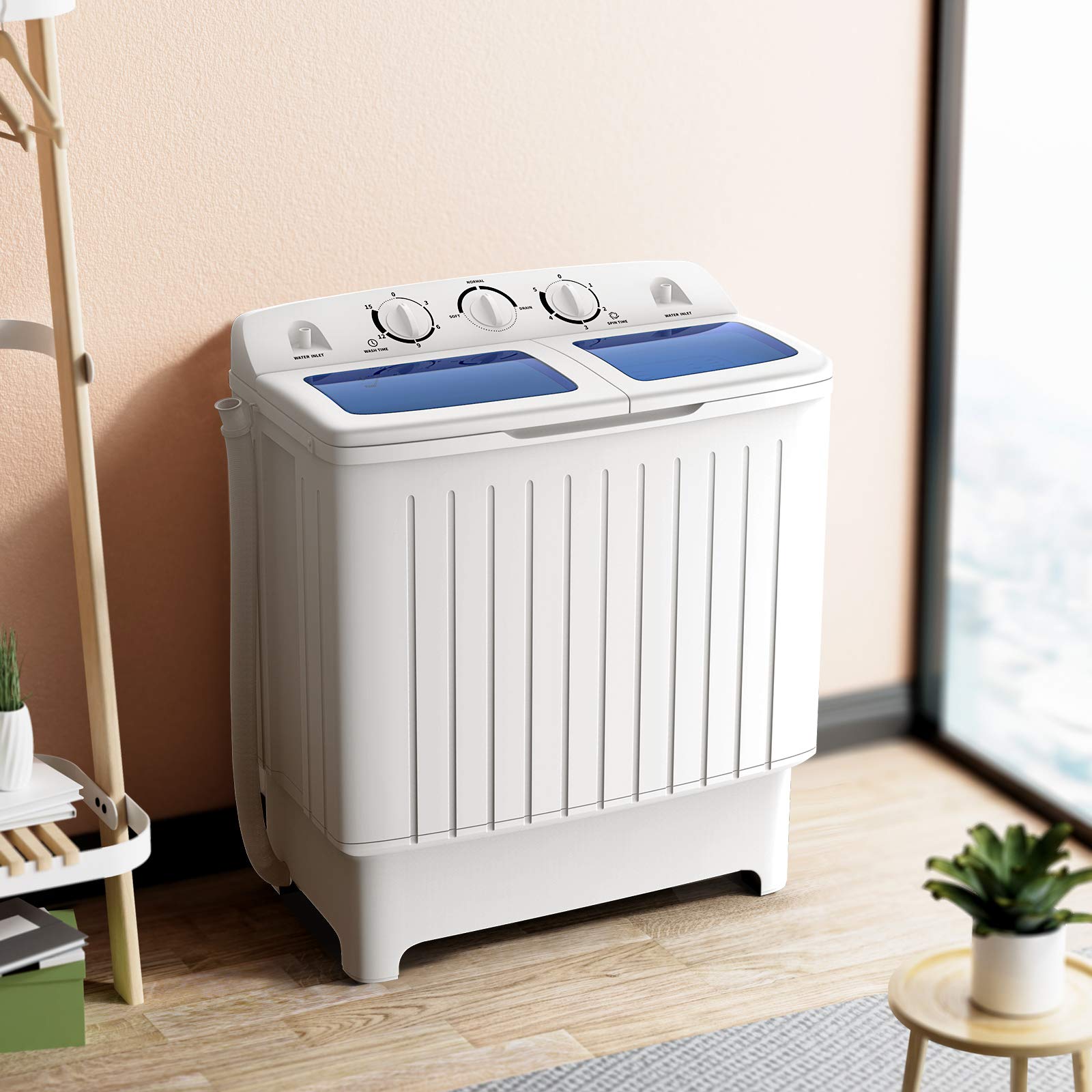 Giantex GT24267-PE 20lbs Spinner Combo, 12lbs 8lbs Spinning, Compact Twin Tub Mini Washer for Apartment RV Dorms, Blue & White Portable Washing Machine