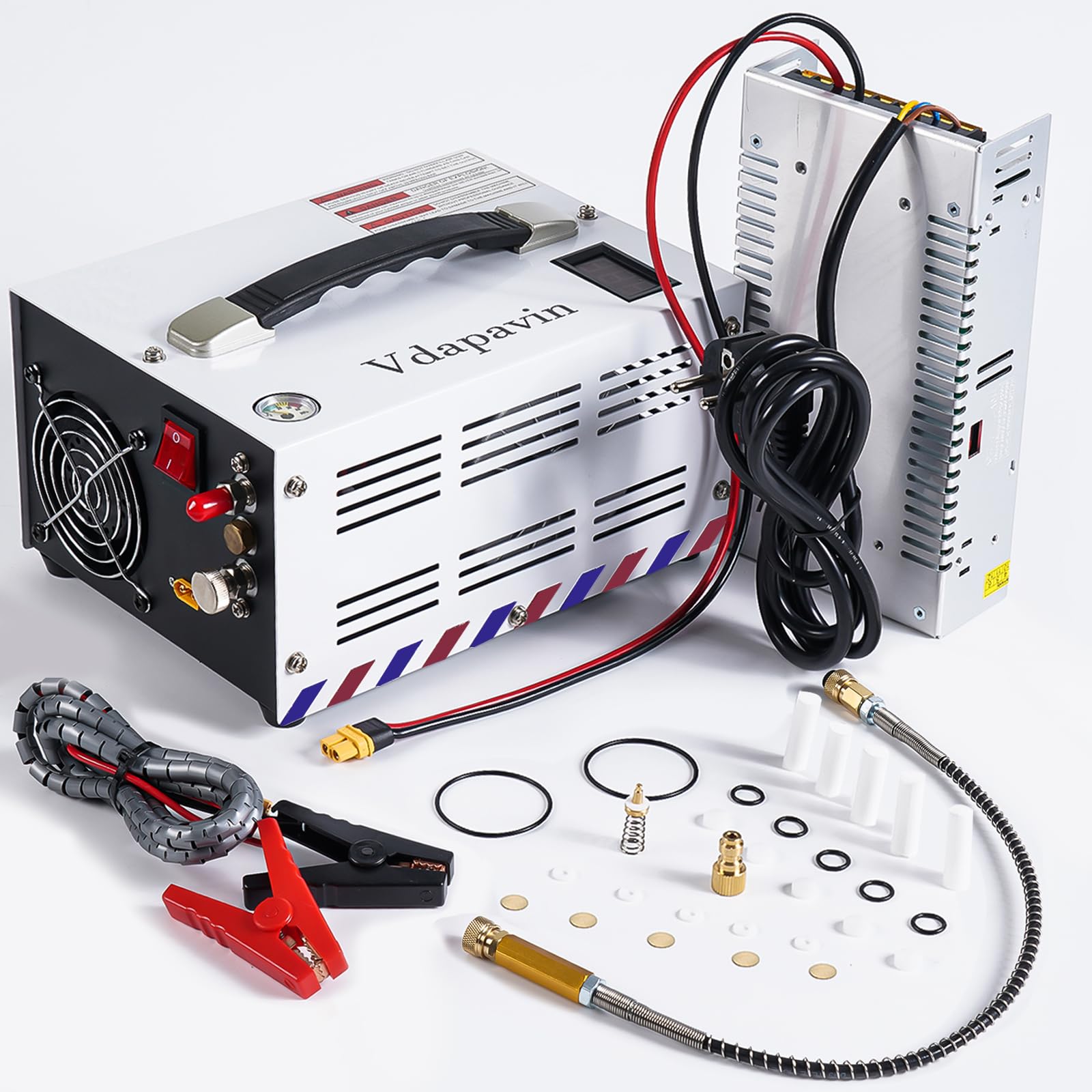 Vdapavin Pcp Air Compressor, 4500Psi 30Mpa Portable PCP Airgun Compressor with External Converter,12V DC/110V AC Oil & Water-Free Manual-Stop Air Rifle, Paintball and Scuba Tank Compressor Pump