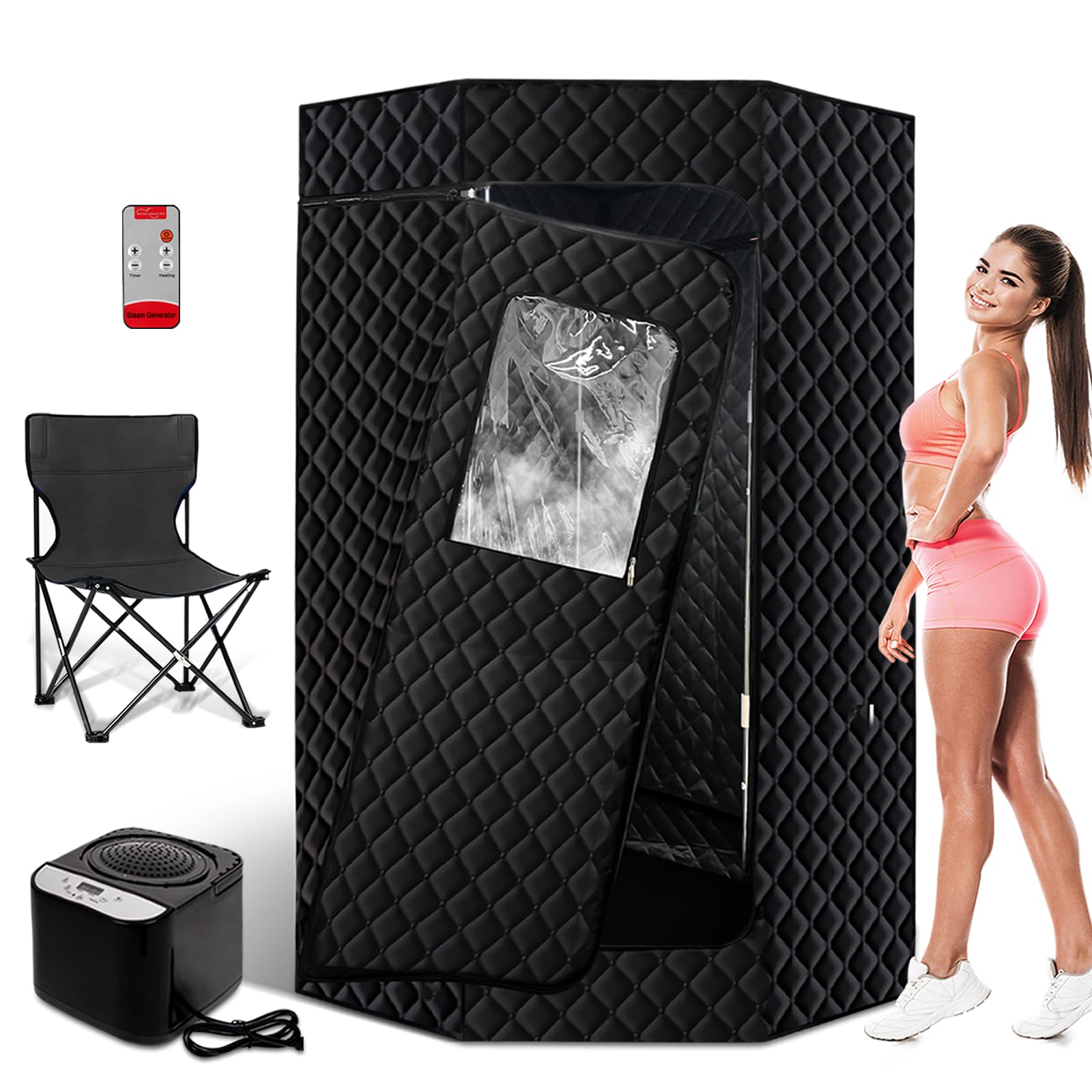 PEEKO Portable Sauna for Home,Full Size Personal Pentagon Sauna Tent Sauna Box with 4L Capacity 1500w Steamer,Foldable Chair with Side Pocket,Customized Pentagon Sweat Mat, Remote Controller