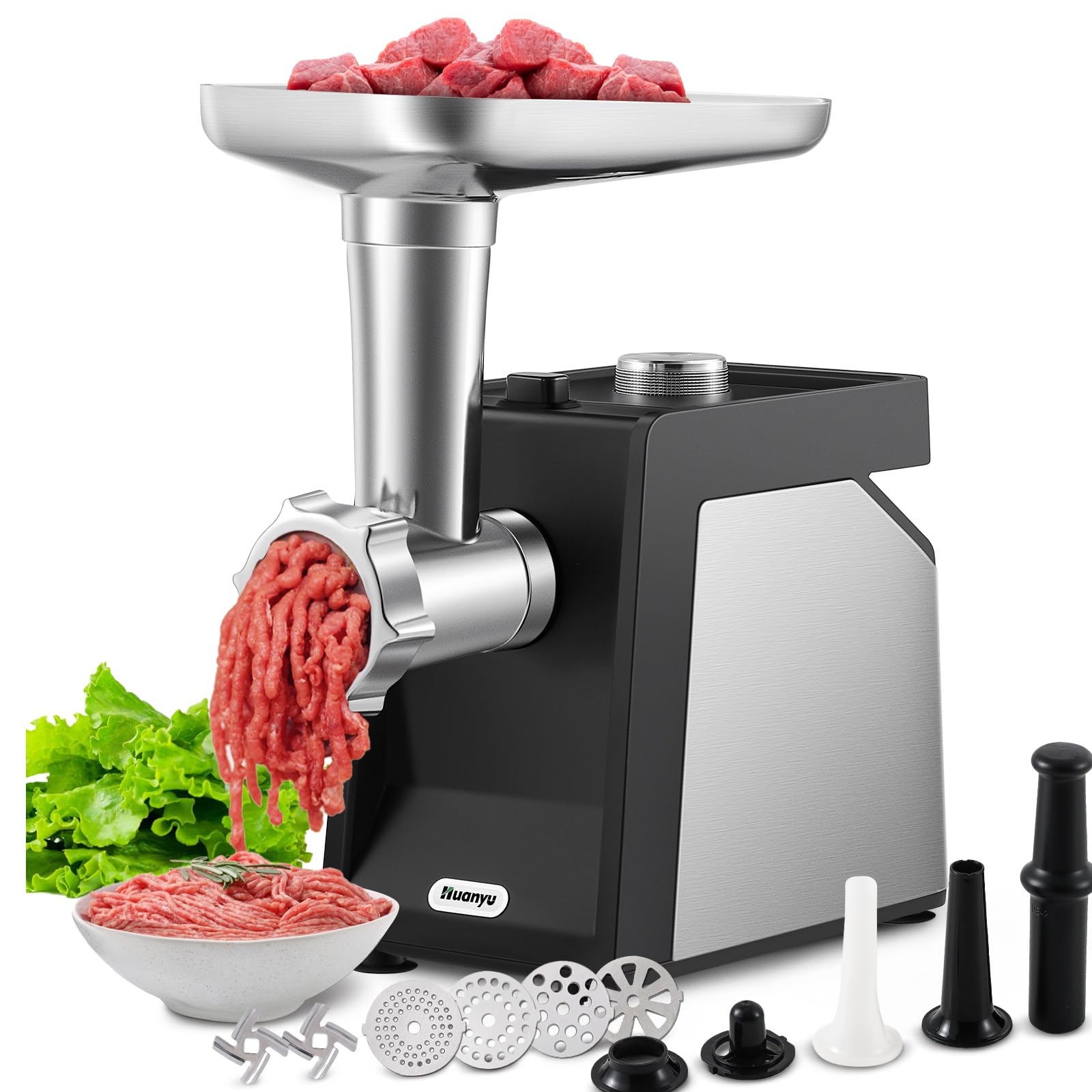 Huanyu Electric Meat Grinder Meat Grinders for Home Use with 2 Blades, 4 Plates, Sausage Tube and Kubbe Kit 800w 110v