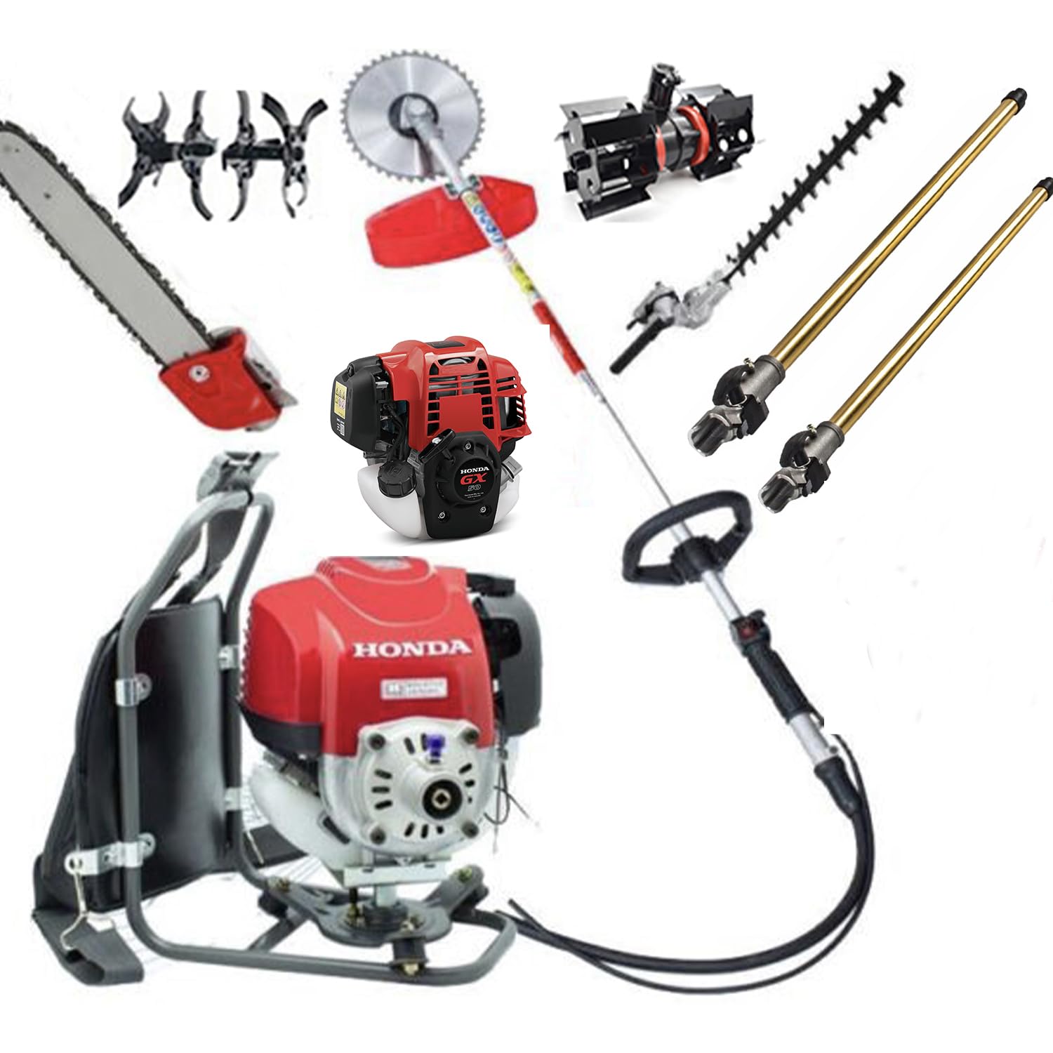 GX50 Backpack 4 Strokes String 7 in 1 Brush Cutter weedeater Lawn Mower Hedge Trimmer Pole Saw Tiller rototiller red