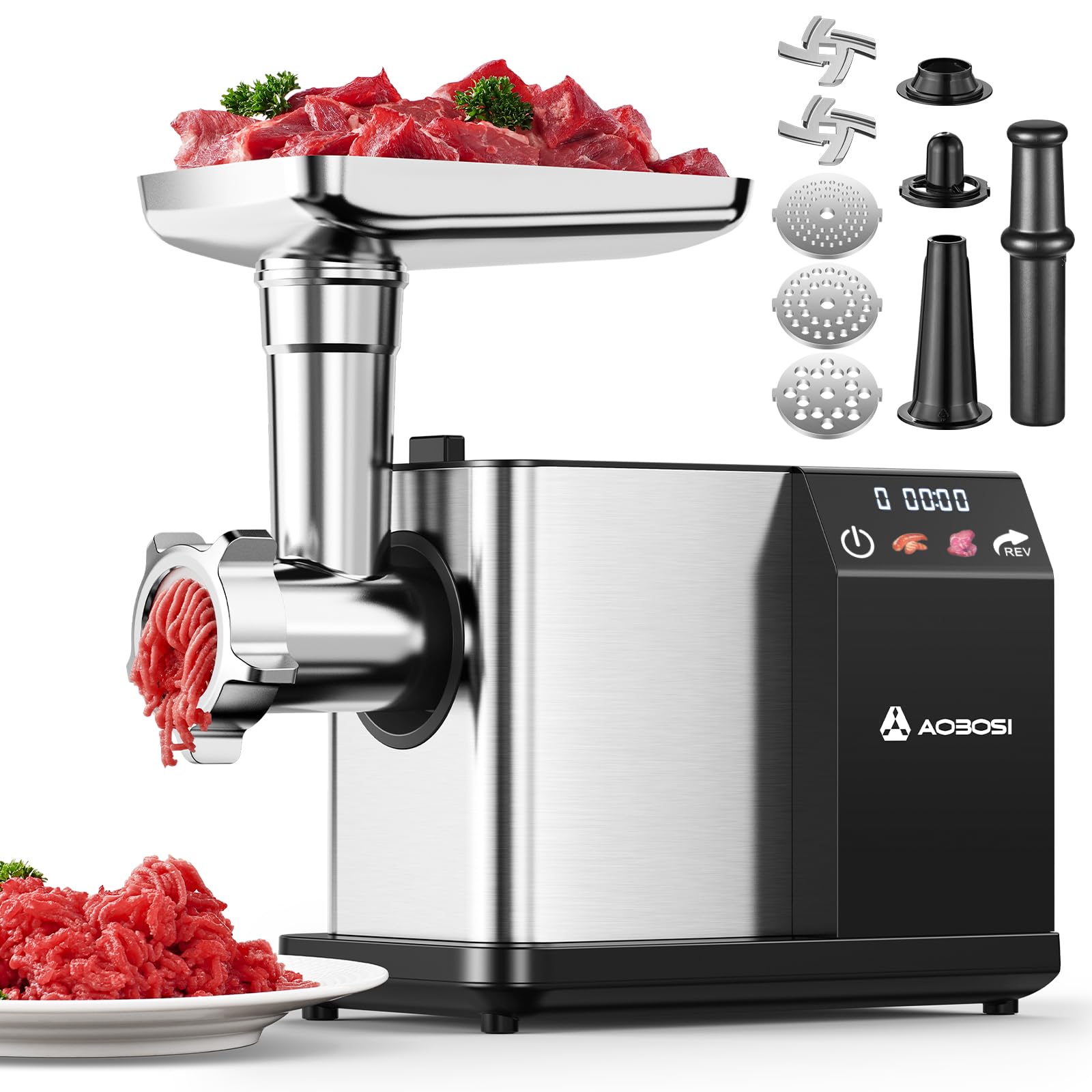AAOBOSI Meat Grinder Electric [3000W Max] w/Touchscreen Color Display, Non-Clogging Tech, Built-in Storage, 3 Speed Programs, Grinding, Sausage Stuffer & Kibbe Making for Home Use, 3nd Generation