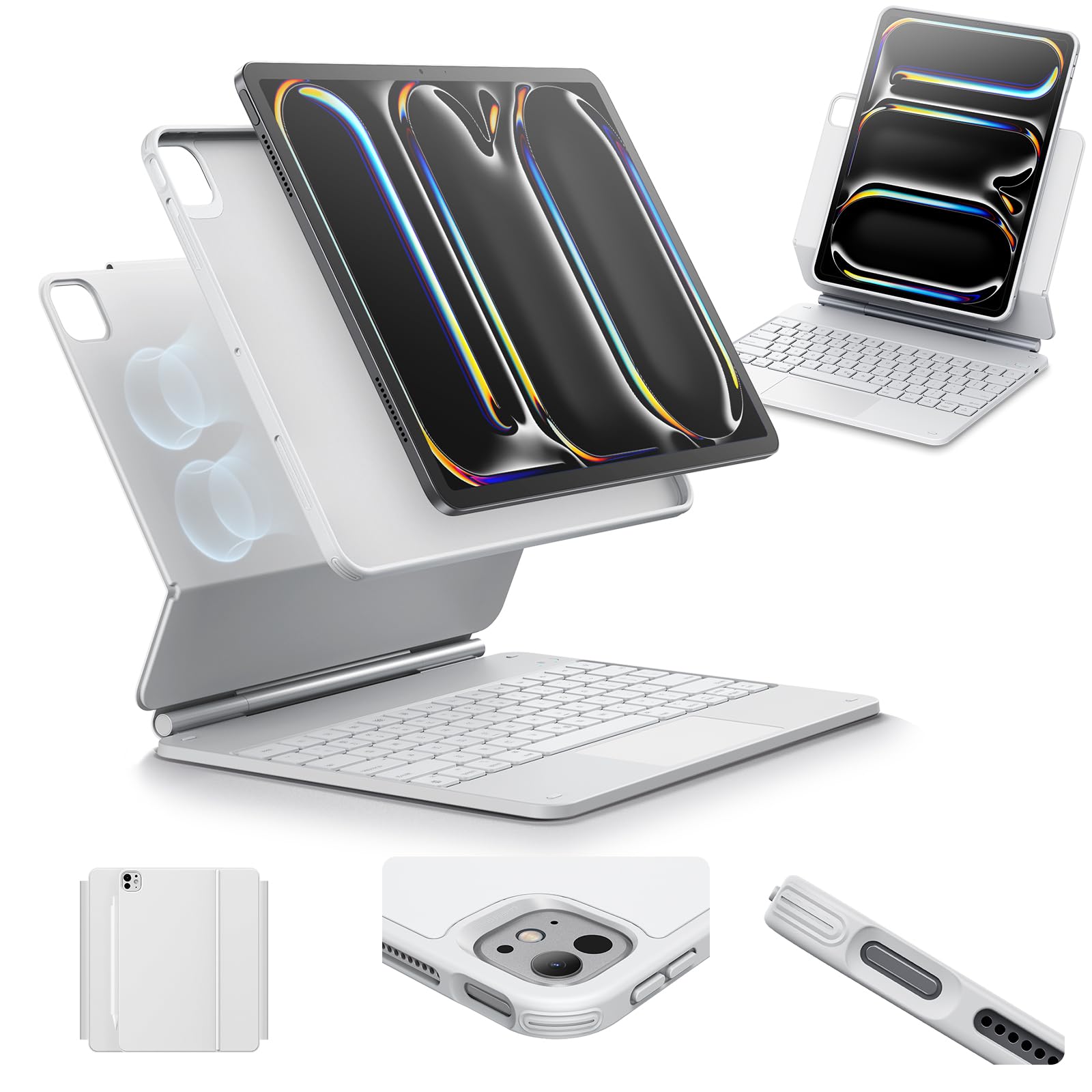 ESR iPad Pro 13 Inch Case with Keyboard (M4, 2024), iPad Pro 13 Keyboard Case with Easy-Set Magnetic Stand, Portrait/Raised Modes for iPad Pro 13 Keyboard, Removable Case, Rebound 360 Series, White