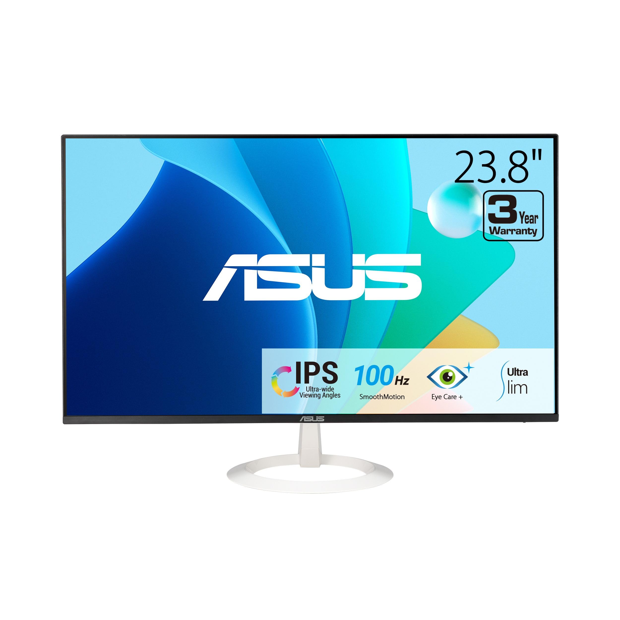 ASUS 24” (23.8-inch viewable) Eye Care Monitor (VZ24EHF-W) - IPS, Full HD (1920 x 1080), Frameless, 100Hz, Adaptive-Sync, 1ms, HDMI, Low Blue Light, Flicker Free, Ultra-Slim Profile, 3 yr Warranty