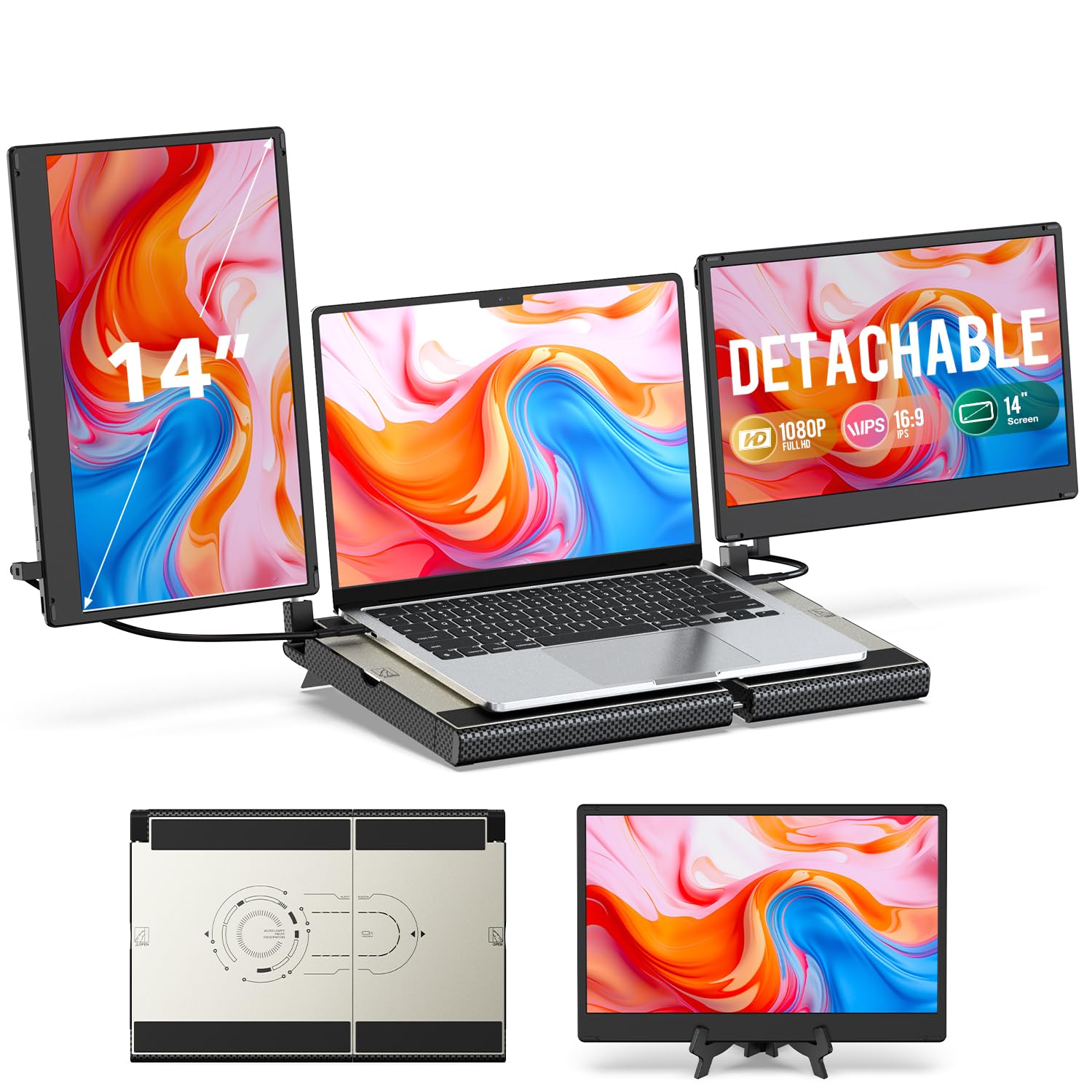 14" FHD 1080P Laptop Monitor Extender - Stretchable Base & Detachable Screen, Plug & Play, Triple Screen Compatible with Windows, Mac, Chrome