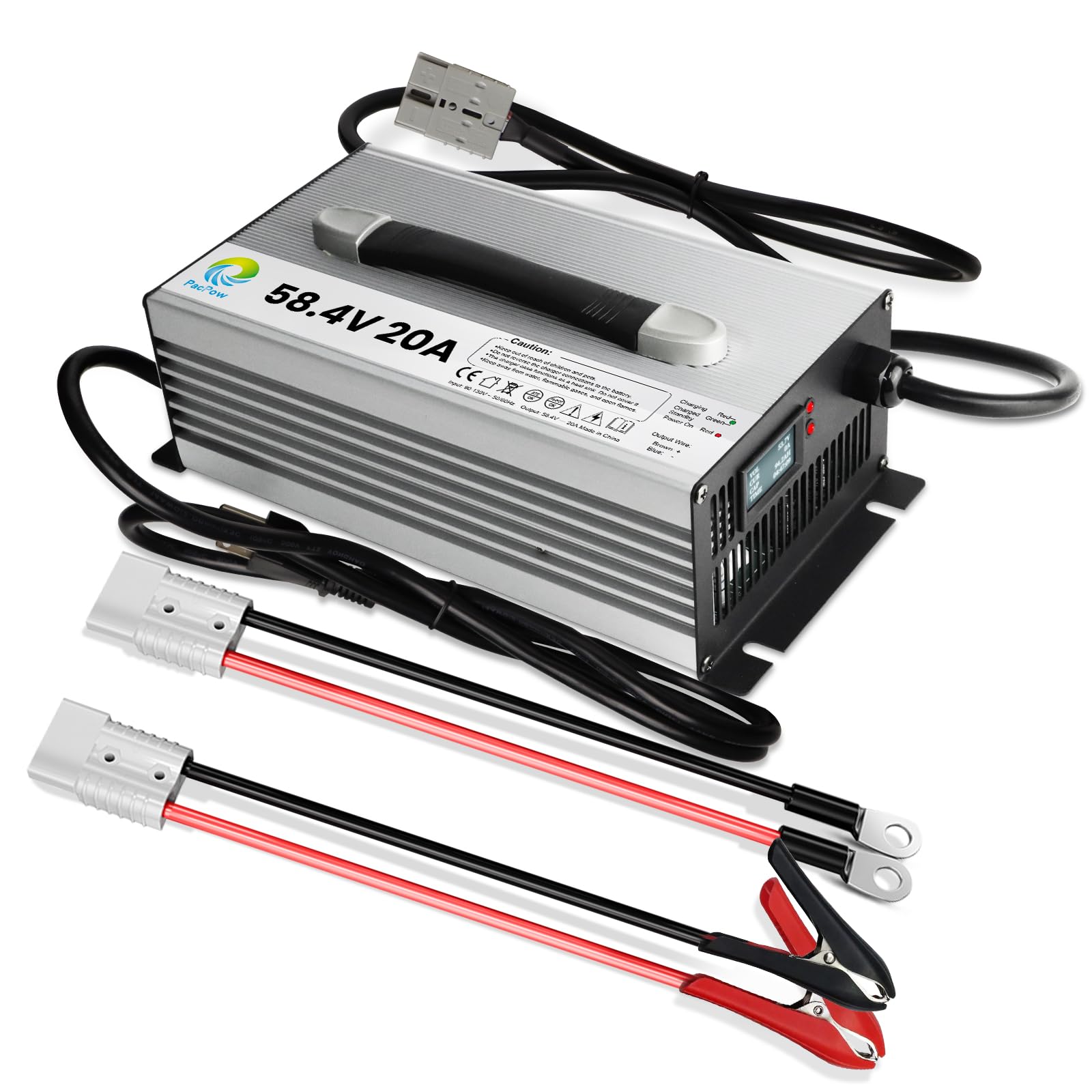PacPow 58.4V 20A LiFePO4 Lithium Battery Charger Lifepo4 Charger 48v 20A Smart Battery Charger Lithium lron Phosphate Batteries Charger with LCD & LED for Golf cart Battery RV Off-Grid Solar