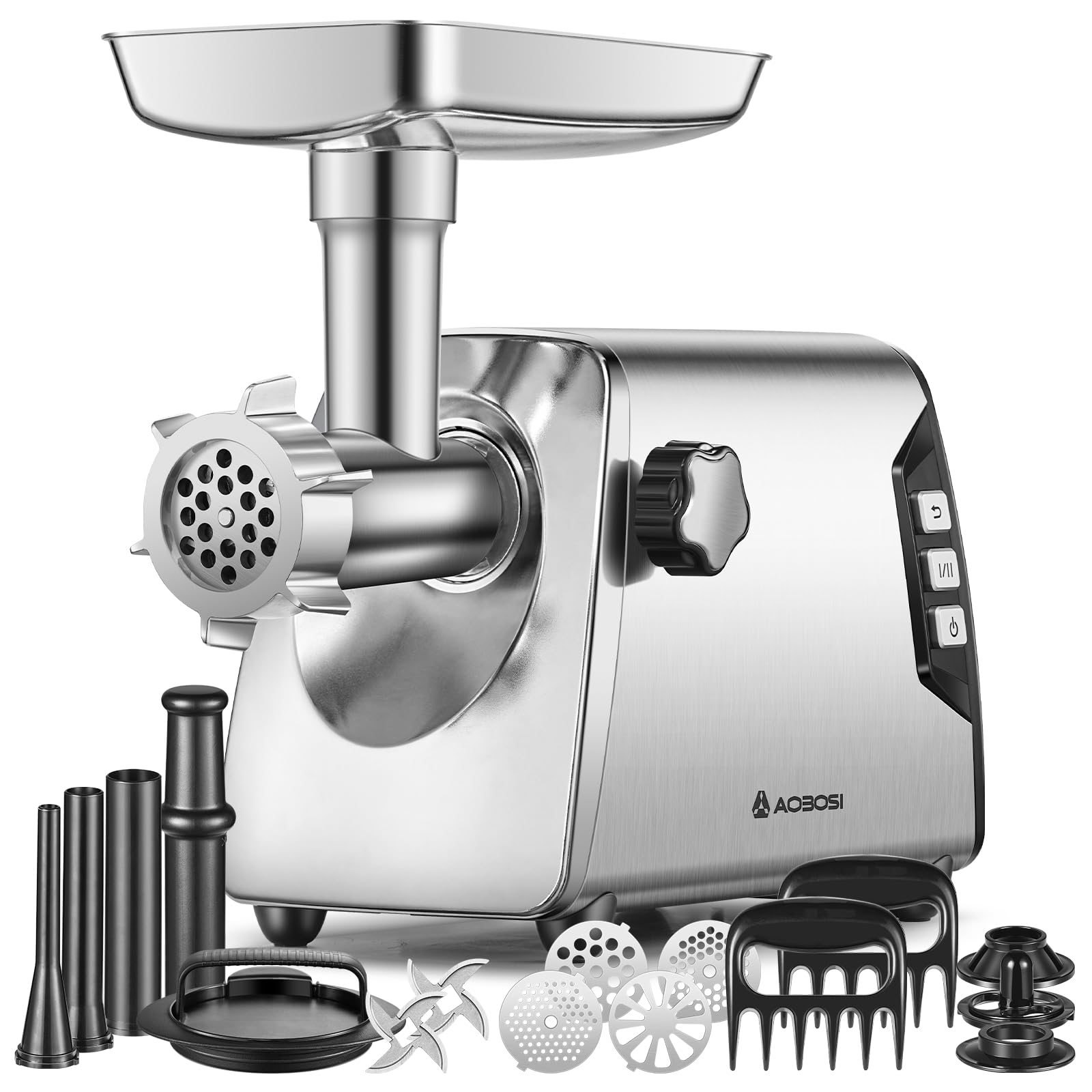 AAOBOSI #12 Meat Grinder, [3000W] 3 Speed Meat Grinder Heavy Duty: Built-in Storage Box, 2 Blades,4 Plates,3 Sausage Stuffers,Kibbe Kit,Meat Claw & Burger Press, for Home & Kitchen Use